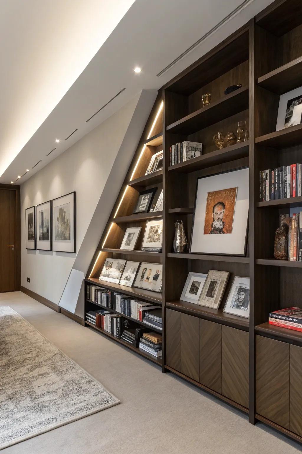 Artistic shelving merges storage with decorative appeal.