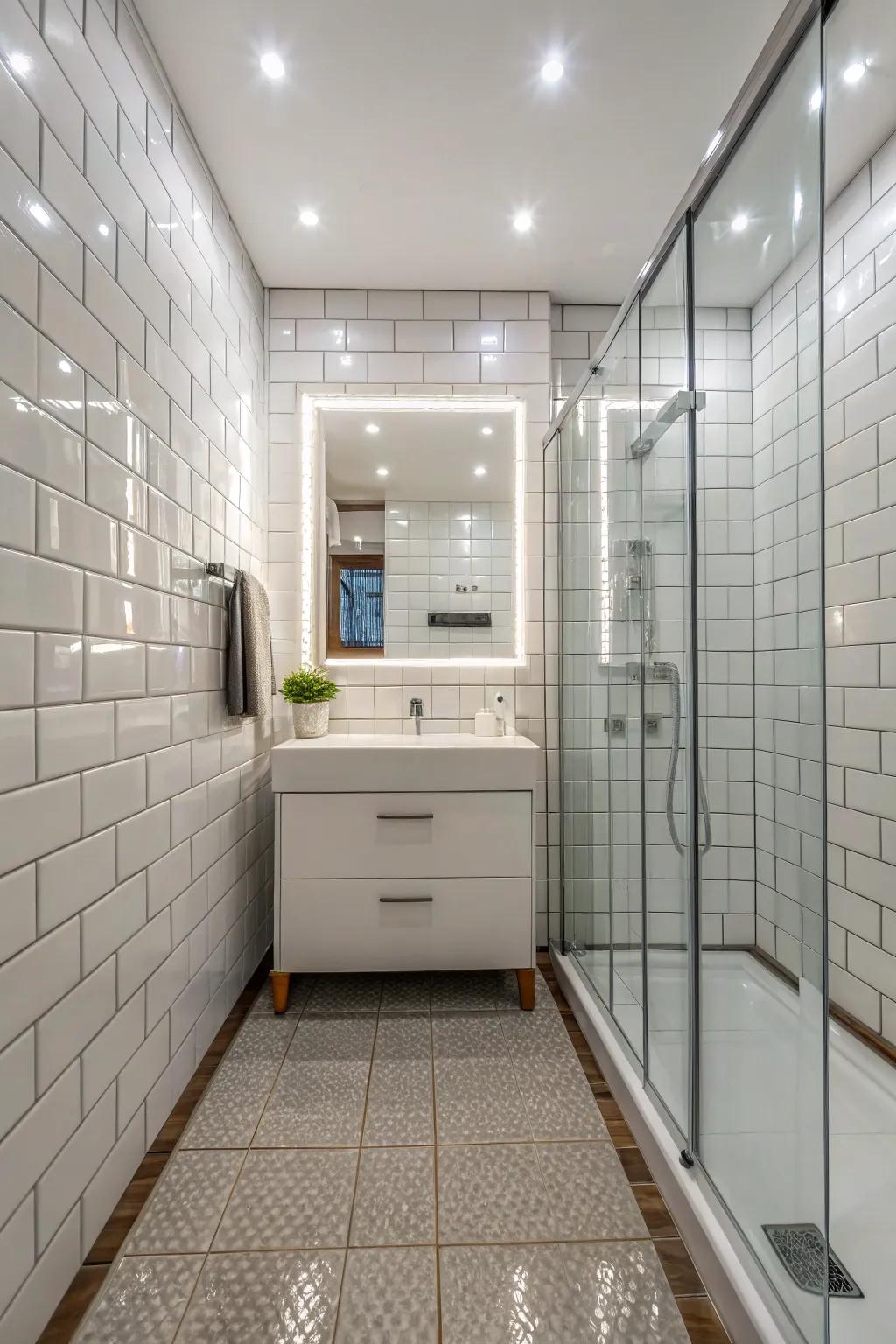 Reflective surfaces amplify light and space within small bathrooms.