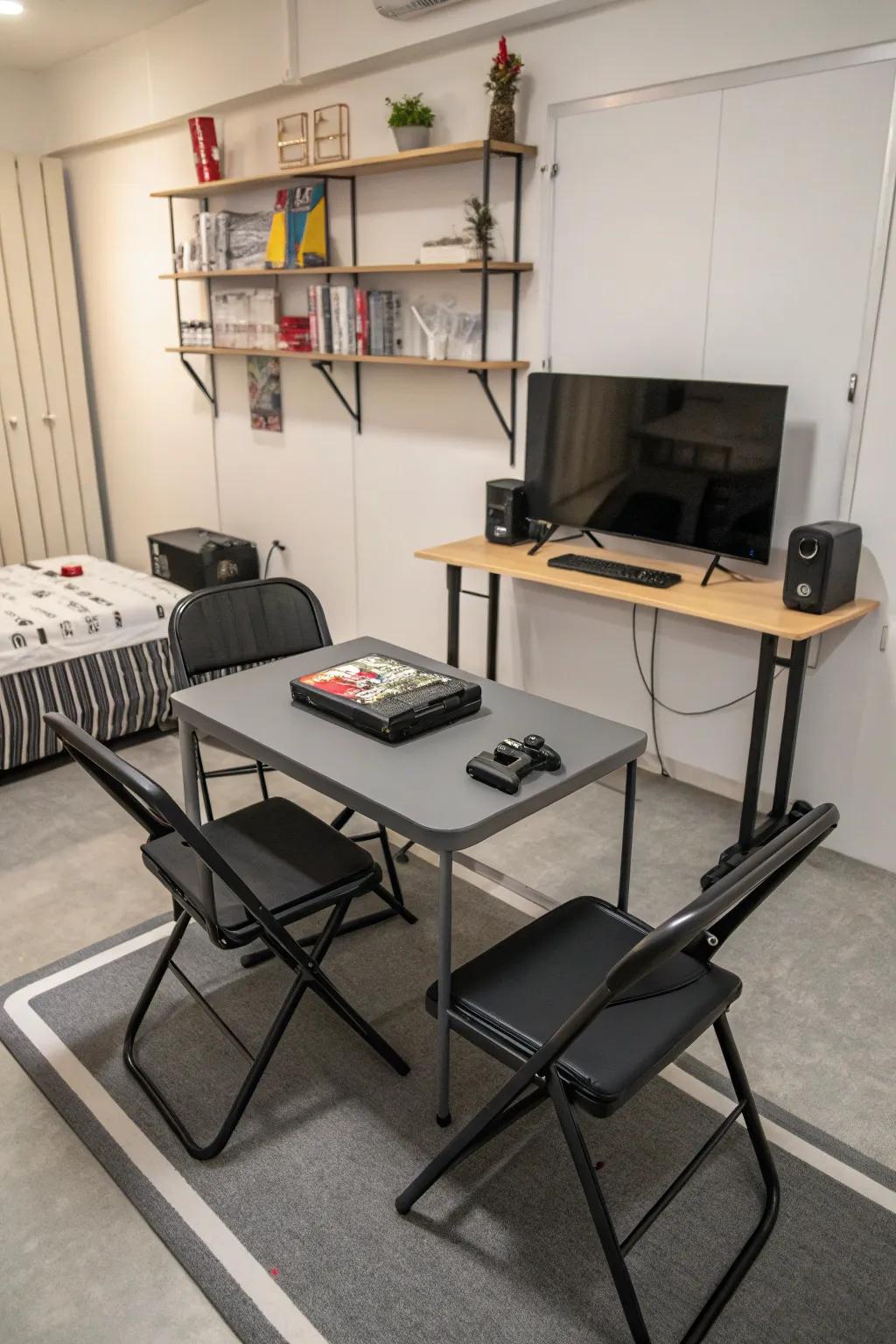 Furniture that folds is flexible in a small gaming space.