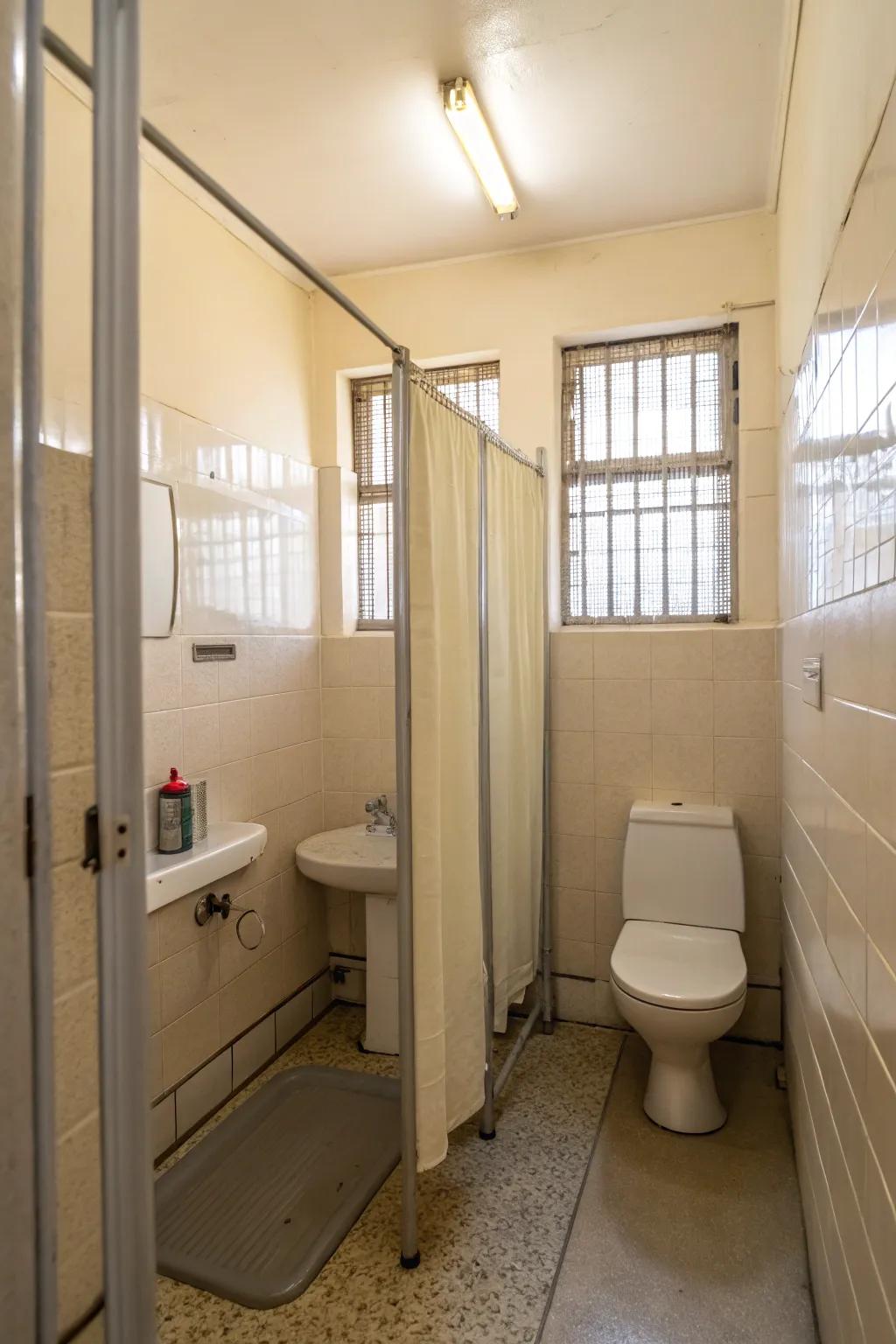 A seamless flow within a small bathroom, enhanced by translucent dividers.