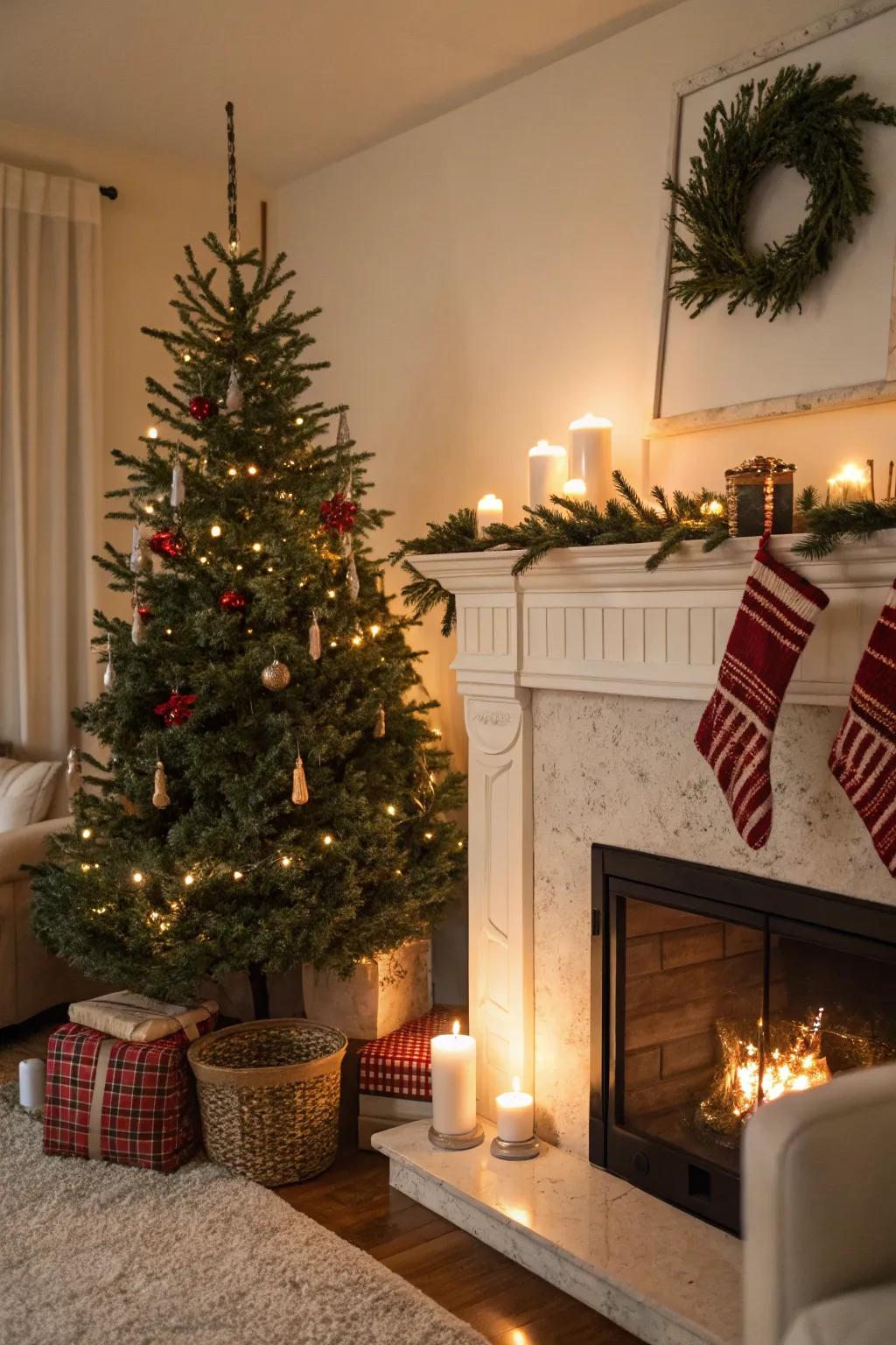 A mini tree on the mantel adds a charming holiday touch to the decor.