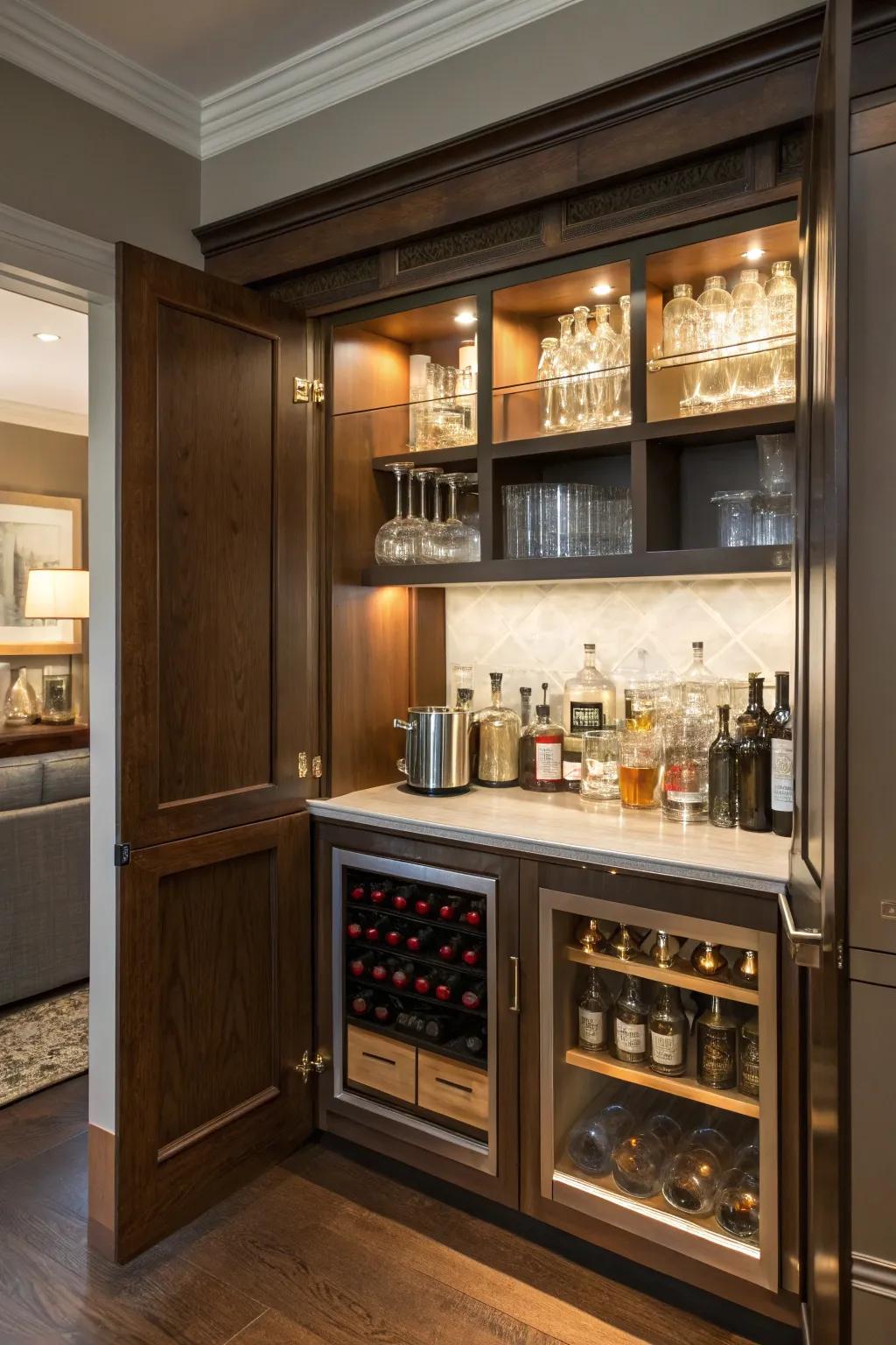 A concealed dry bar behind cupboard doors.