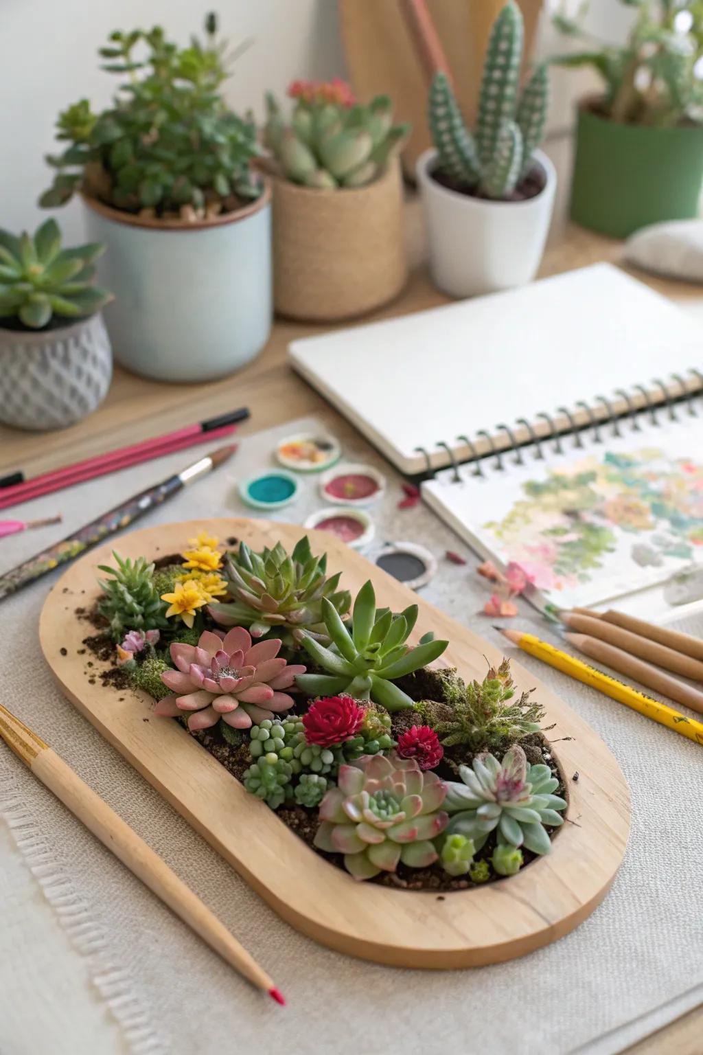 A timber palette extends a creative substructure for botanical displays.