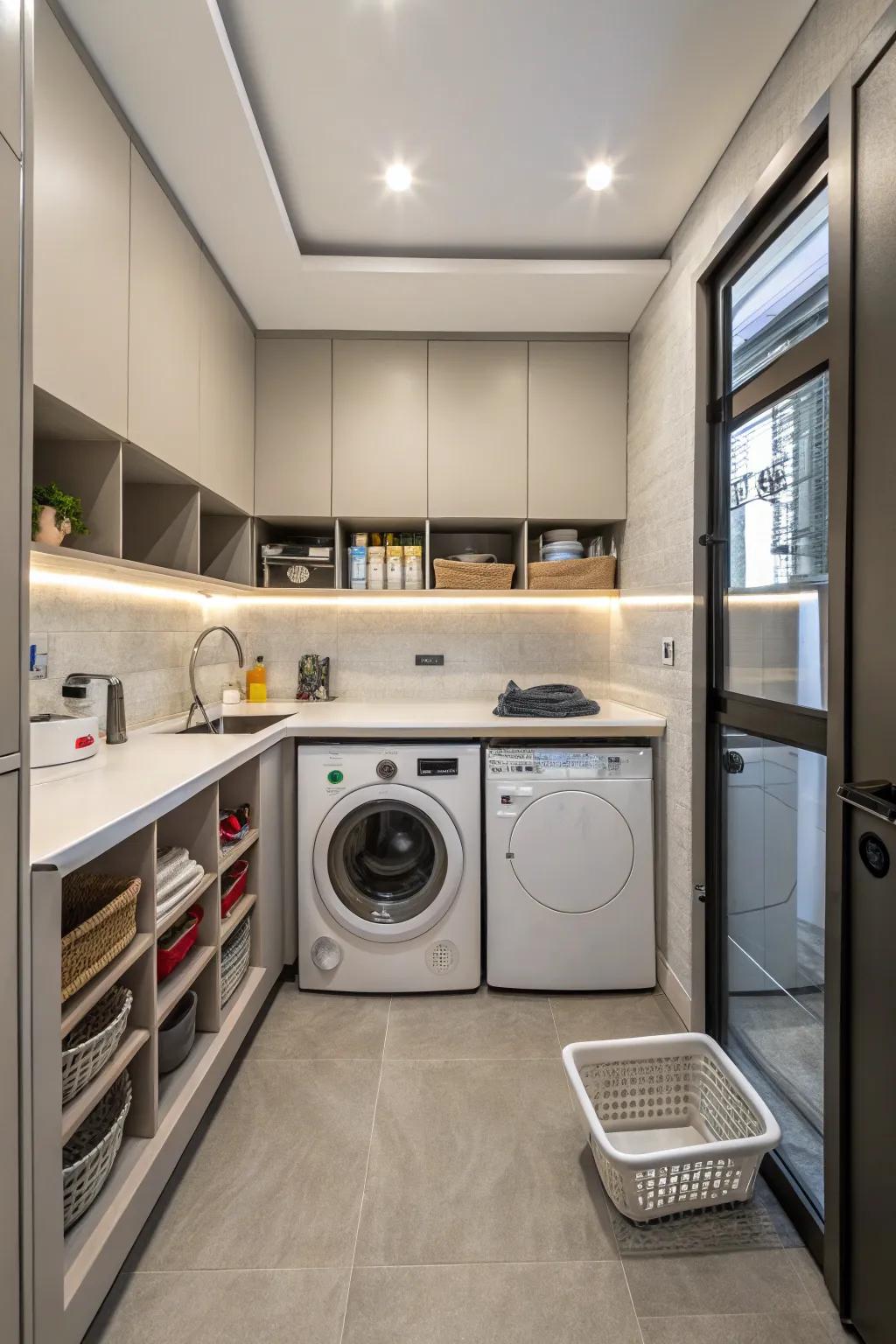 A well-thought-out compact kitchen and laundry layout designed for efficiency.