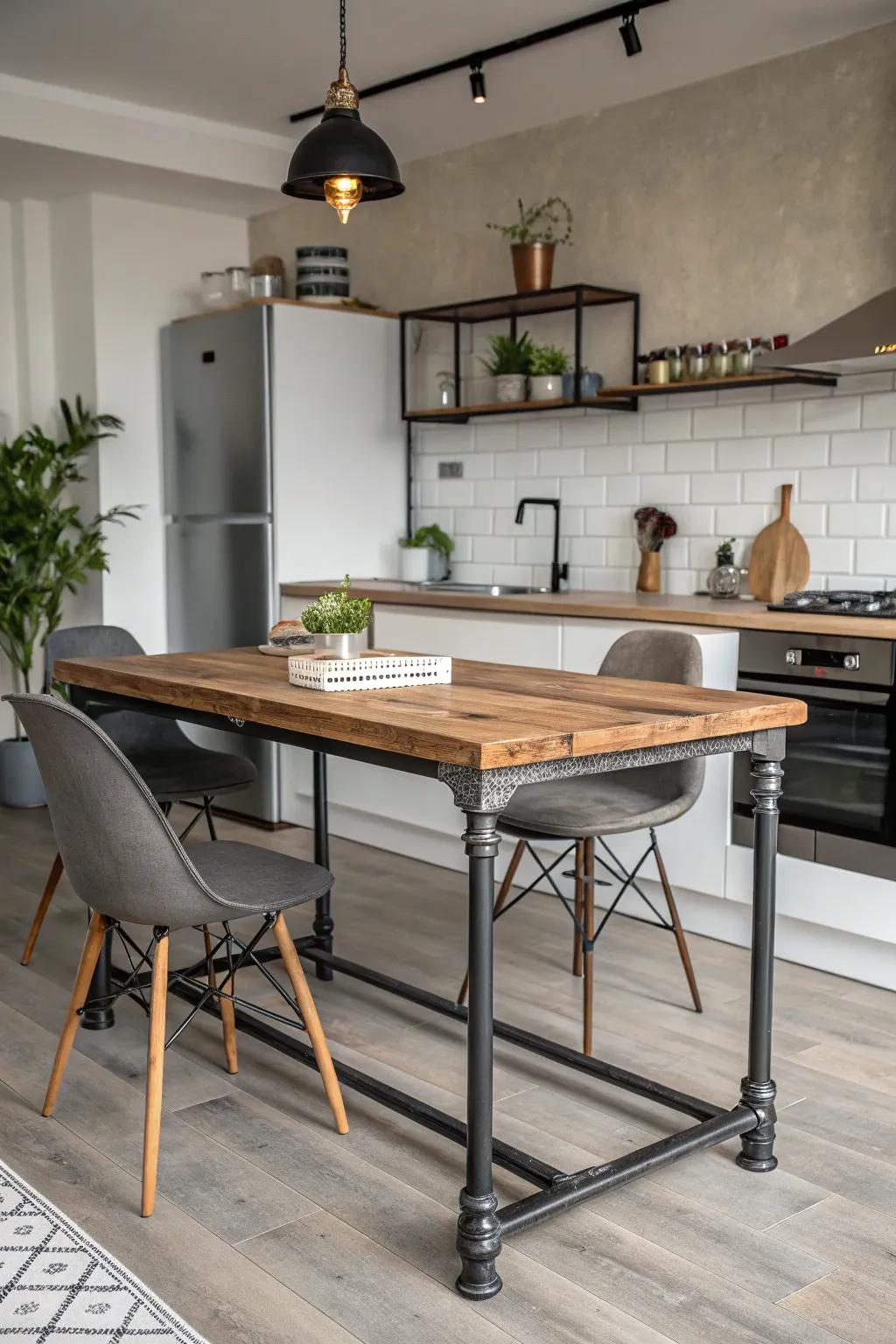 An industrial-style table that infuses modern flair into a smaller kitchen.