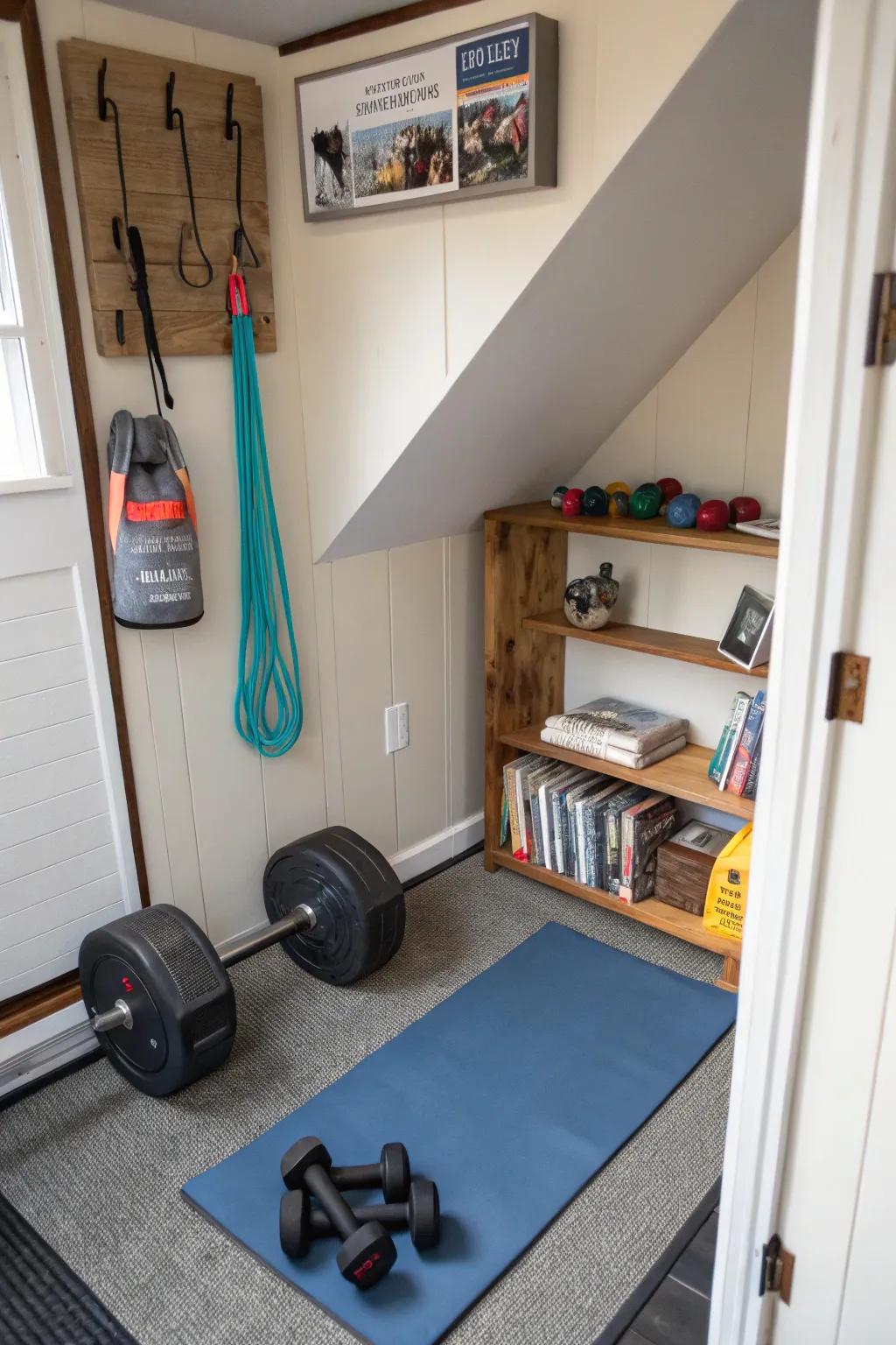 A mini gym showcasing compact fitness apparatus furnishes a convenient approach to remain active.