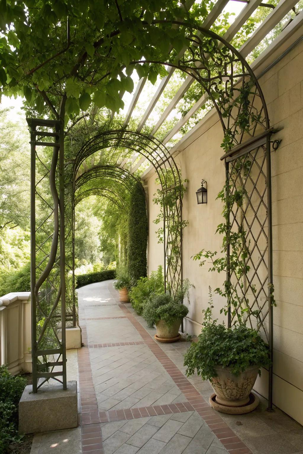 A small patio designed with graceful arched frames.