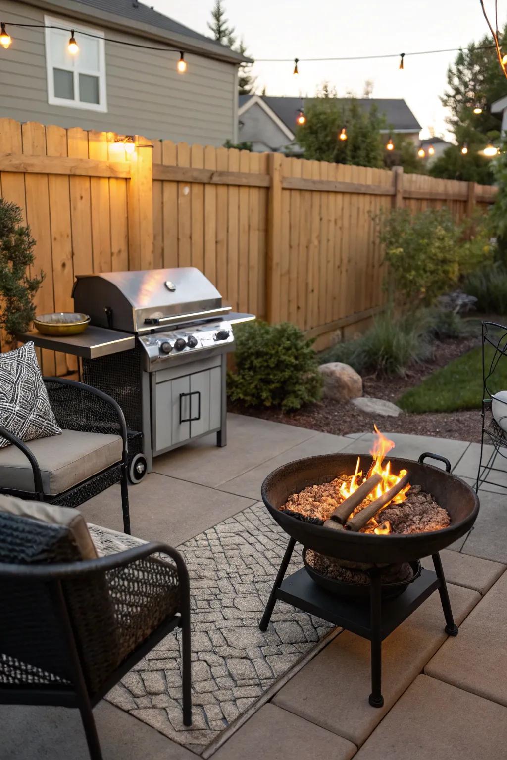 Movable firepits add versatility and heat.