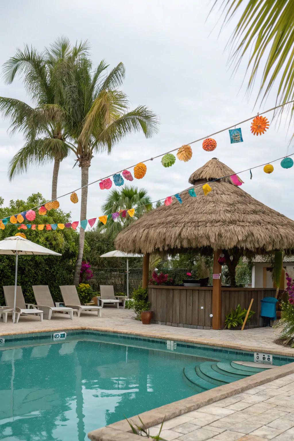 A tiki shack or cabana adds a celebratory and shaded escape within your tropical oasis.
