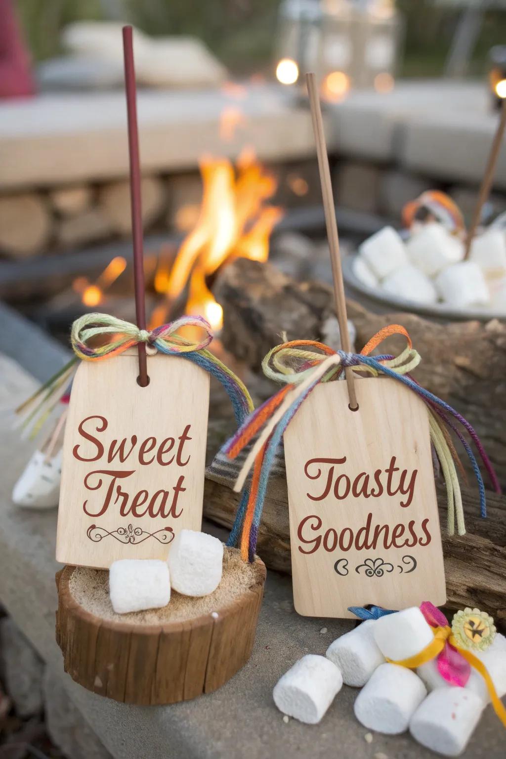 Personalized badges add a unique and thoughtful touch to your s'mores bar.