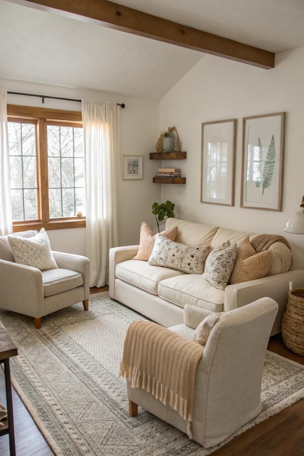 Seating with a reduced profile amplifies the spaciousness of a petite living area.