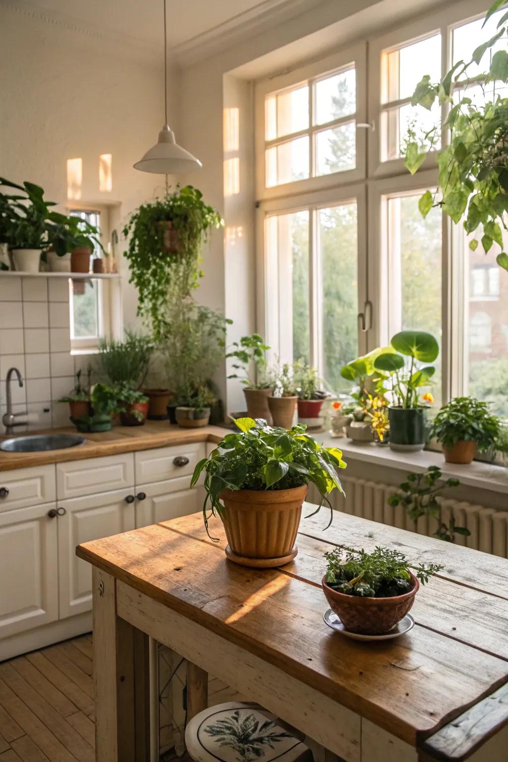Indoor flora contributes freshness and life to the cooking space area.