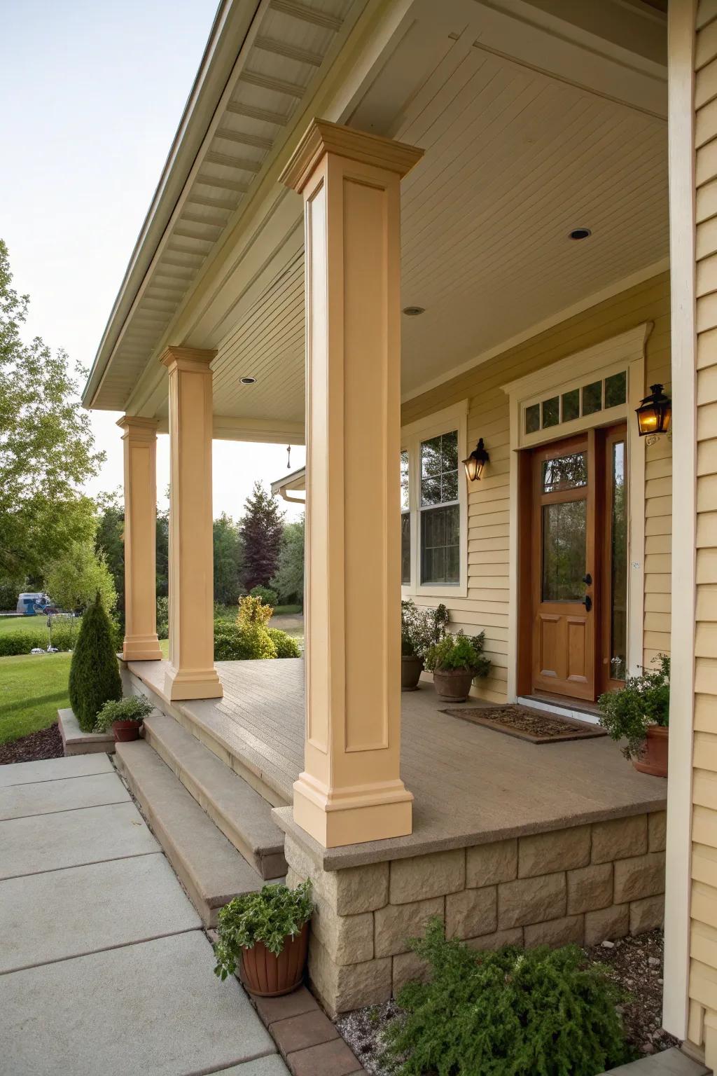 Matching colors establish a seamless blend between square columns and the house.