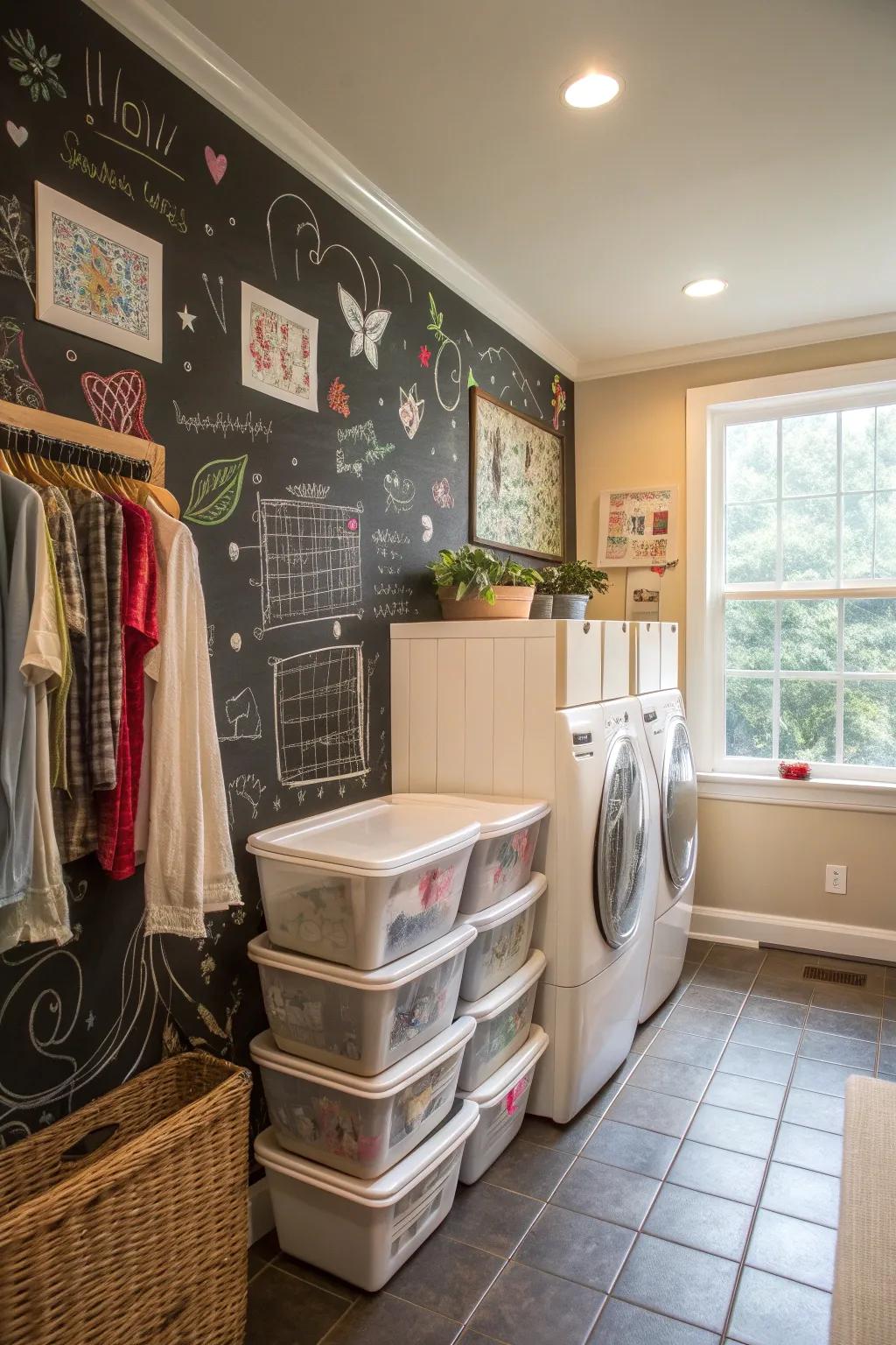 A chalkboard wall adds a playful and practical touch to your washing room.
