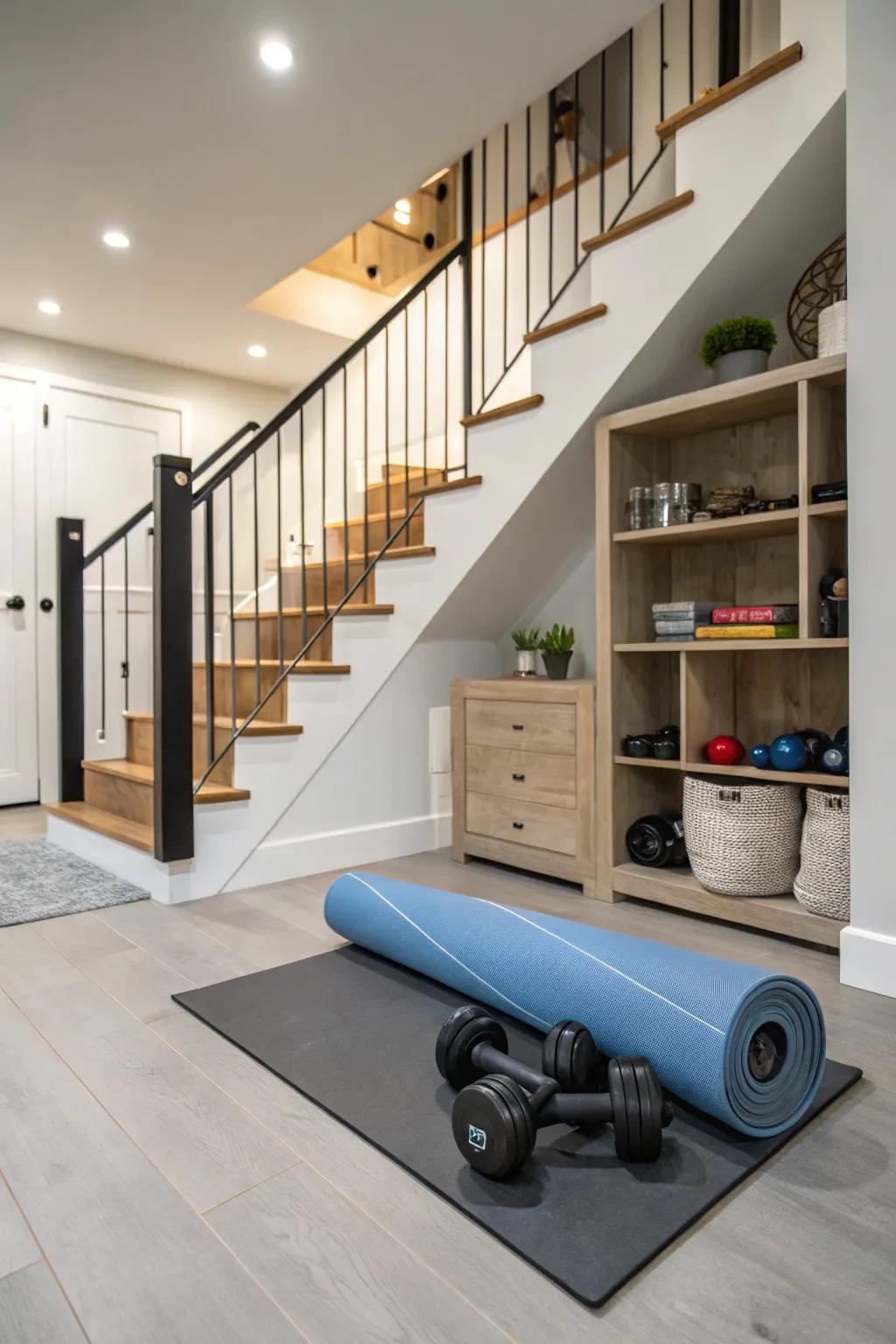 Stay active with a mini home gym under your stairs.