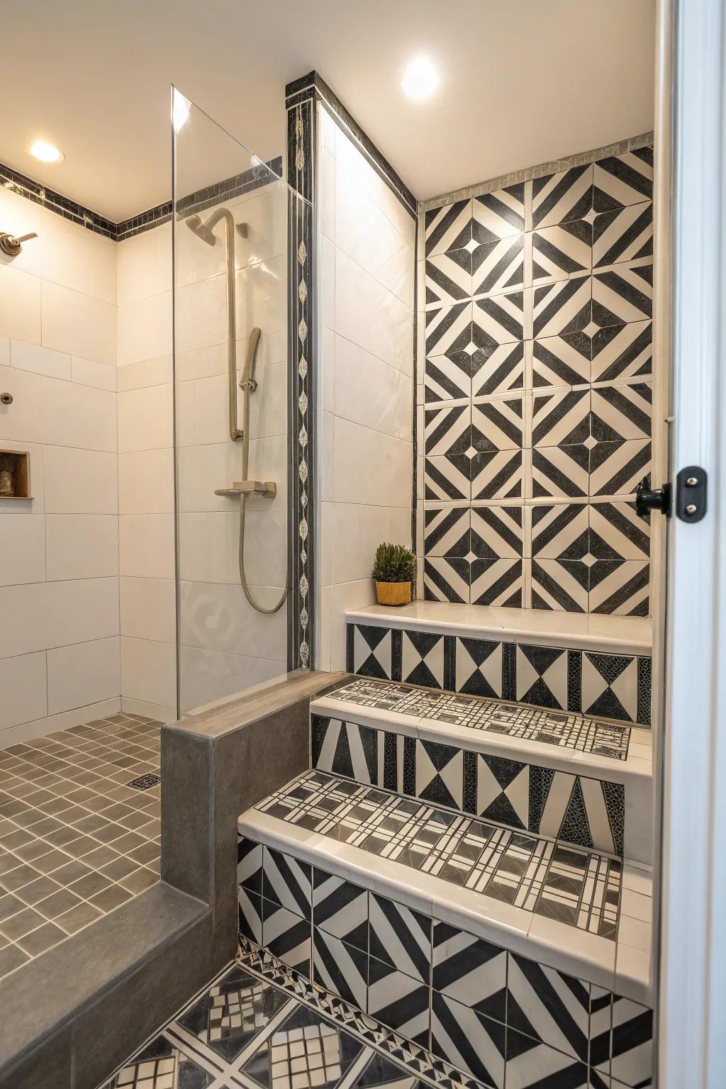 A split-level shower featuring audacious geometric schemes for a contemporary aesthetic.
