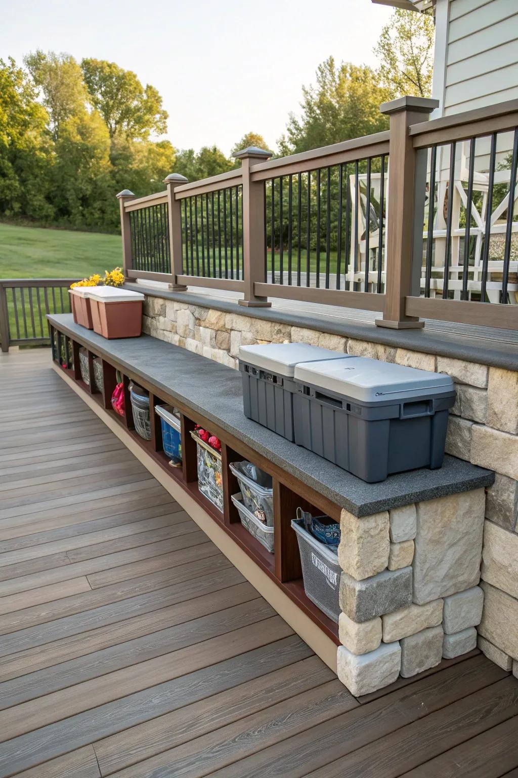 A tidy deck with stone cladding cleverly concealing practical storage solutions.