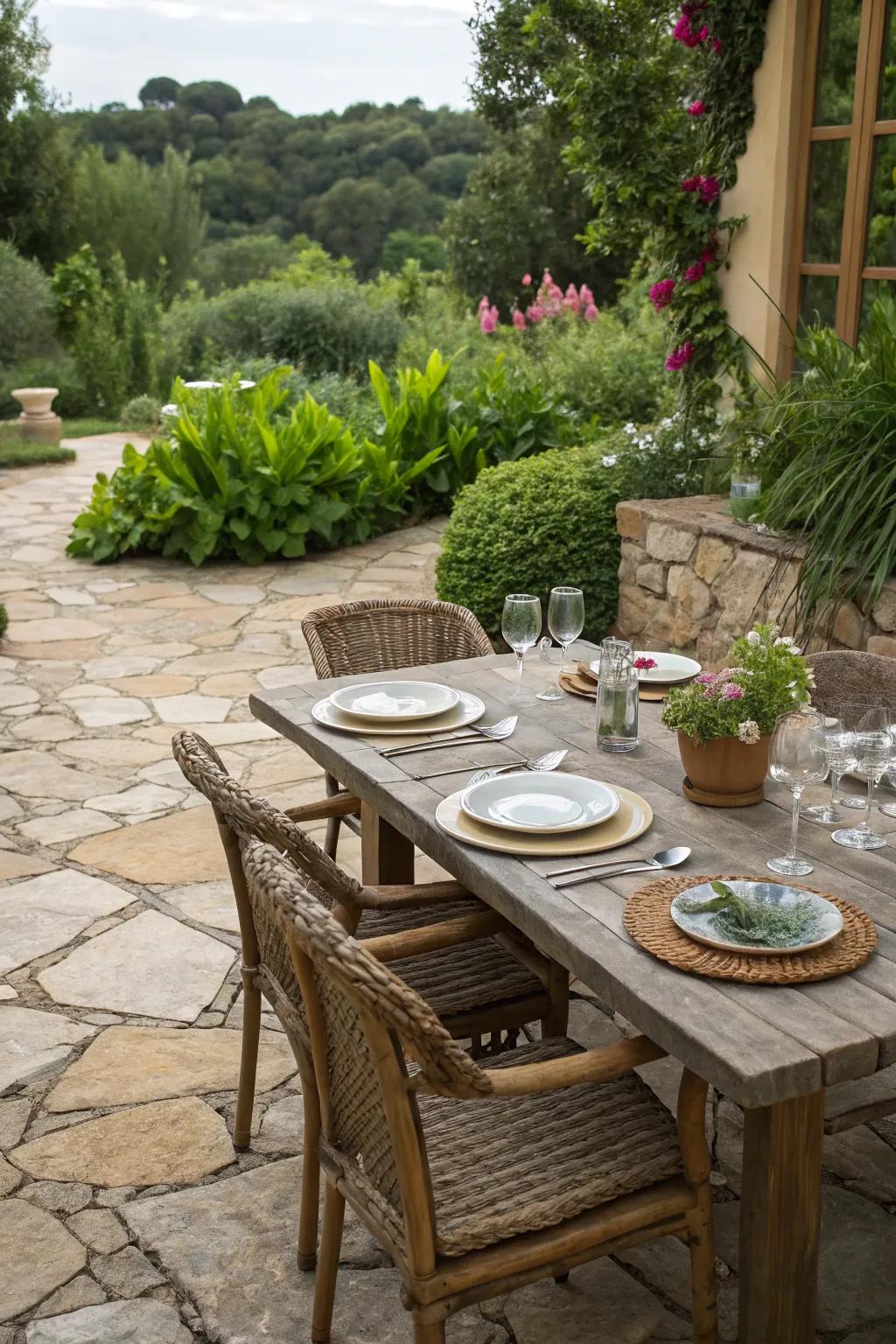 A stone patio prepared for delightful outdoor dining.
