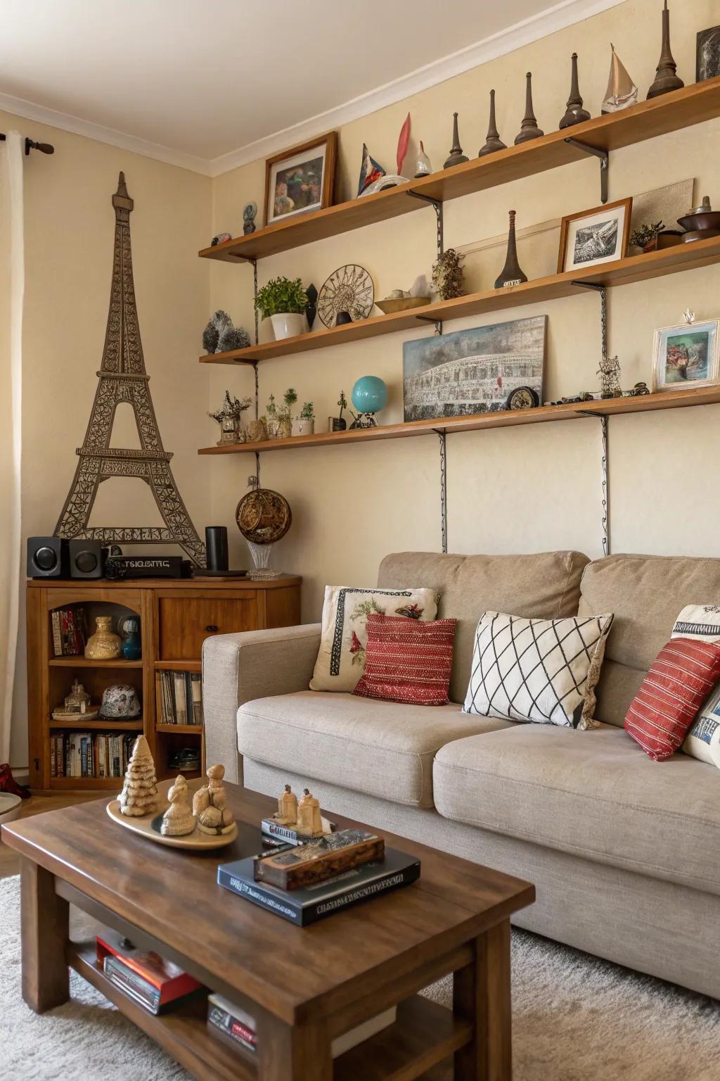 A living area featuring a shelf above the lounger.