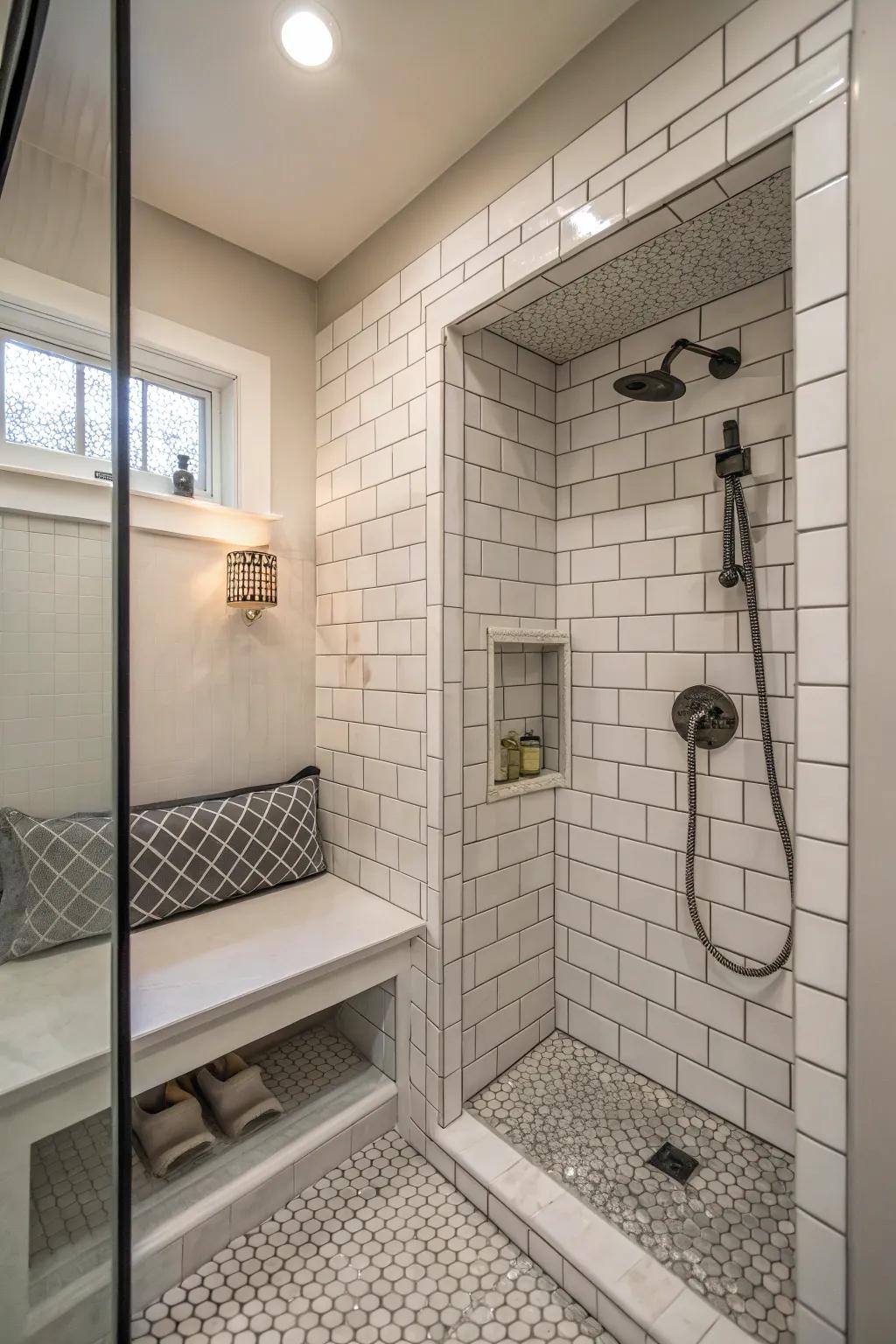 A spacious shower with both a niche and a seating area.