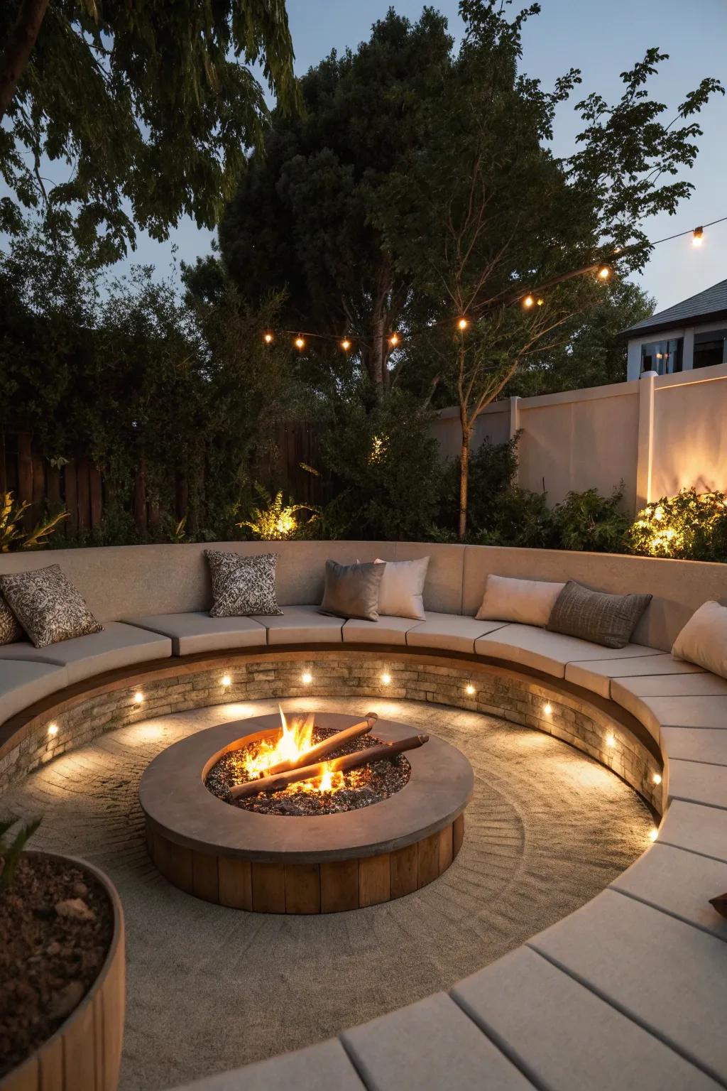 Concealed illumination includes elegance to this ground-level fire feature.