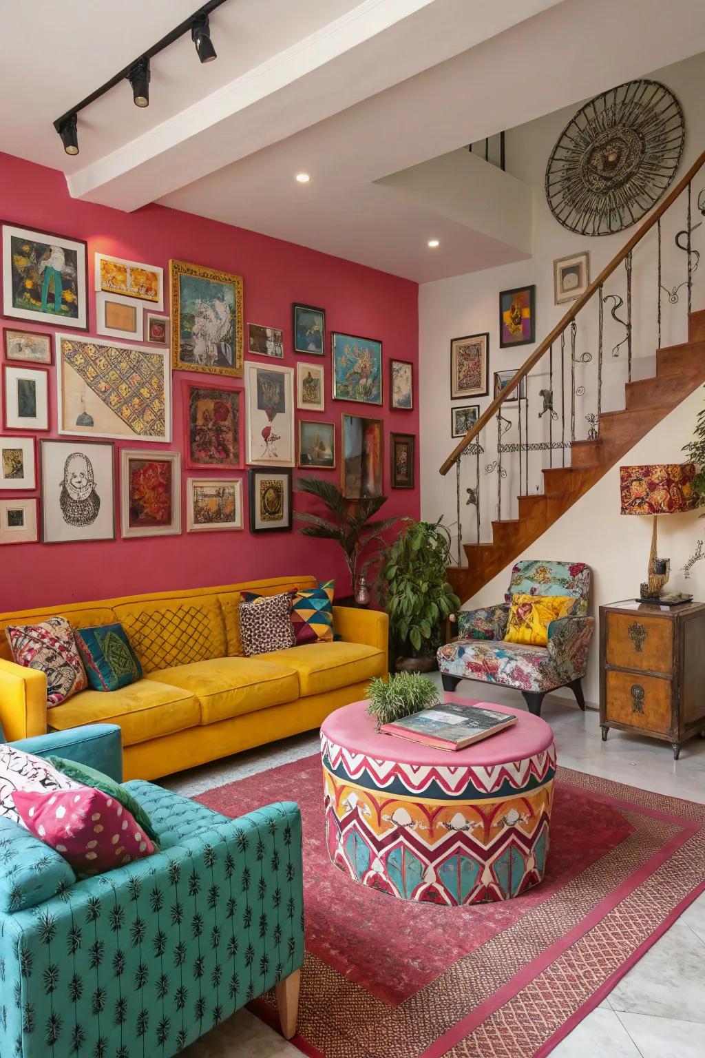 A recessed living room featuring striking and vibrant colors.
