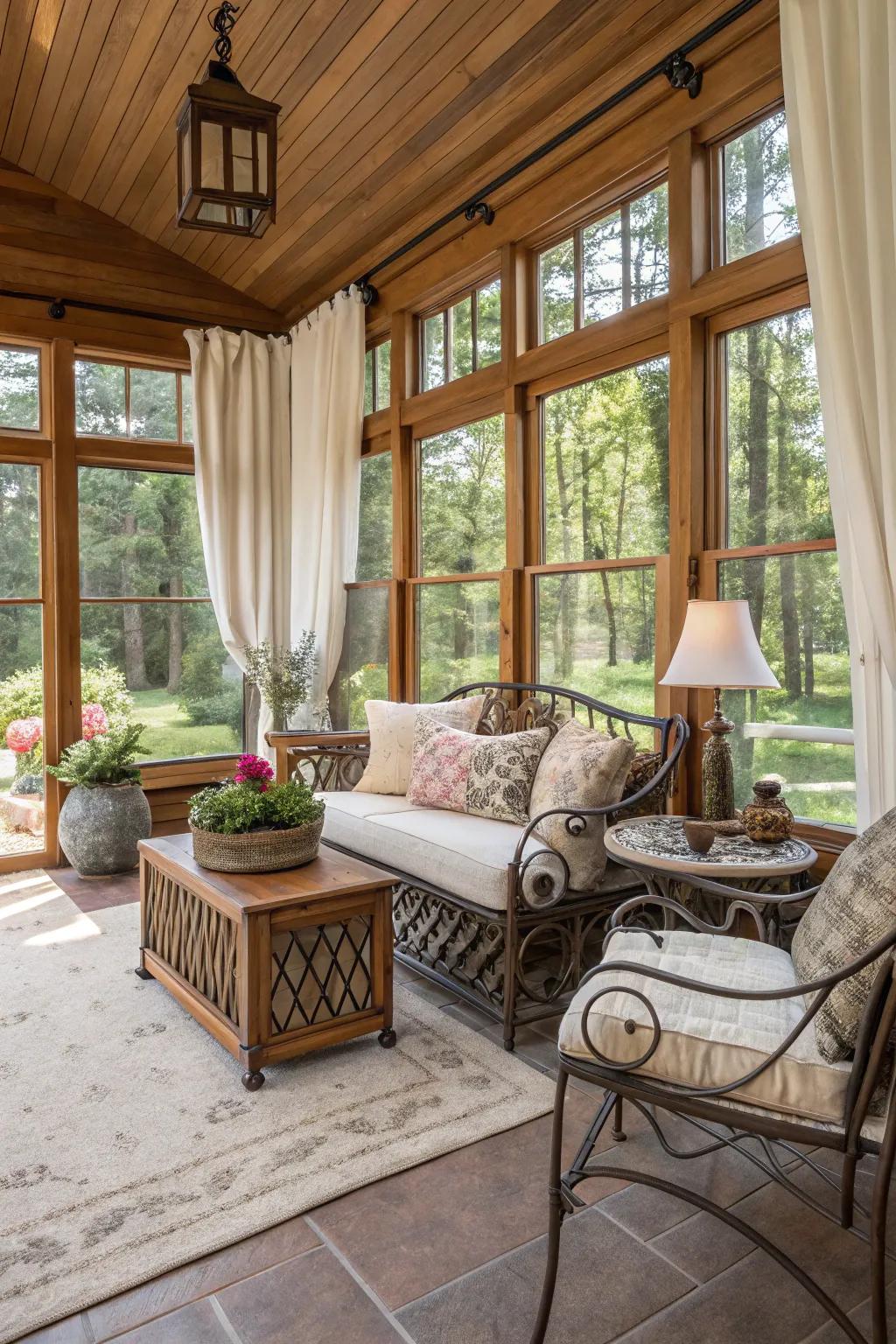 Mixing textures creates a sunroom.