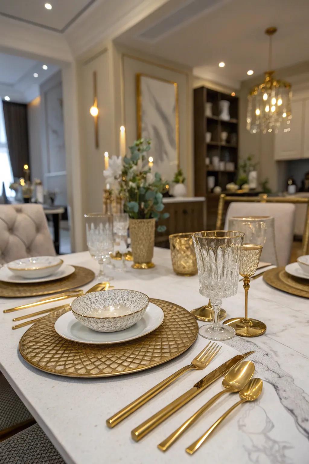 Craft a dazzling table using glamorous gold aspects.