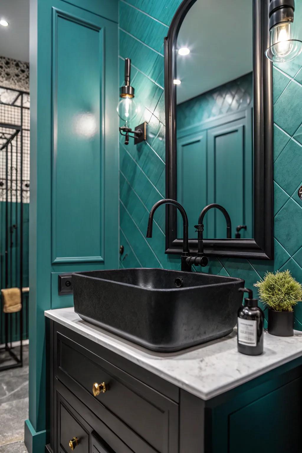 Craft drama with aquatic green and black accents.