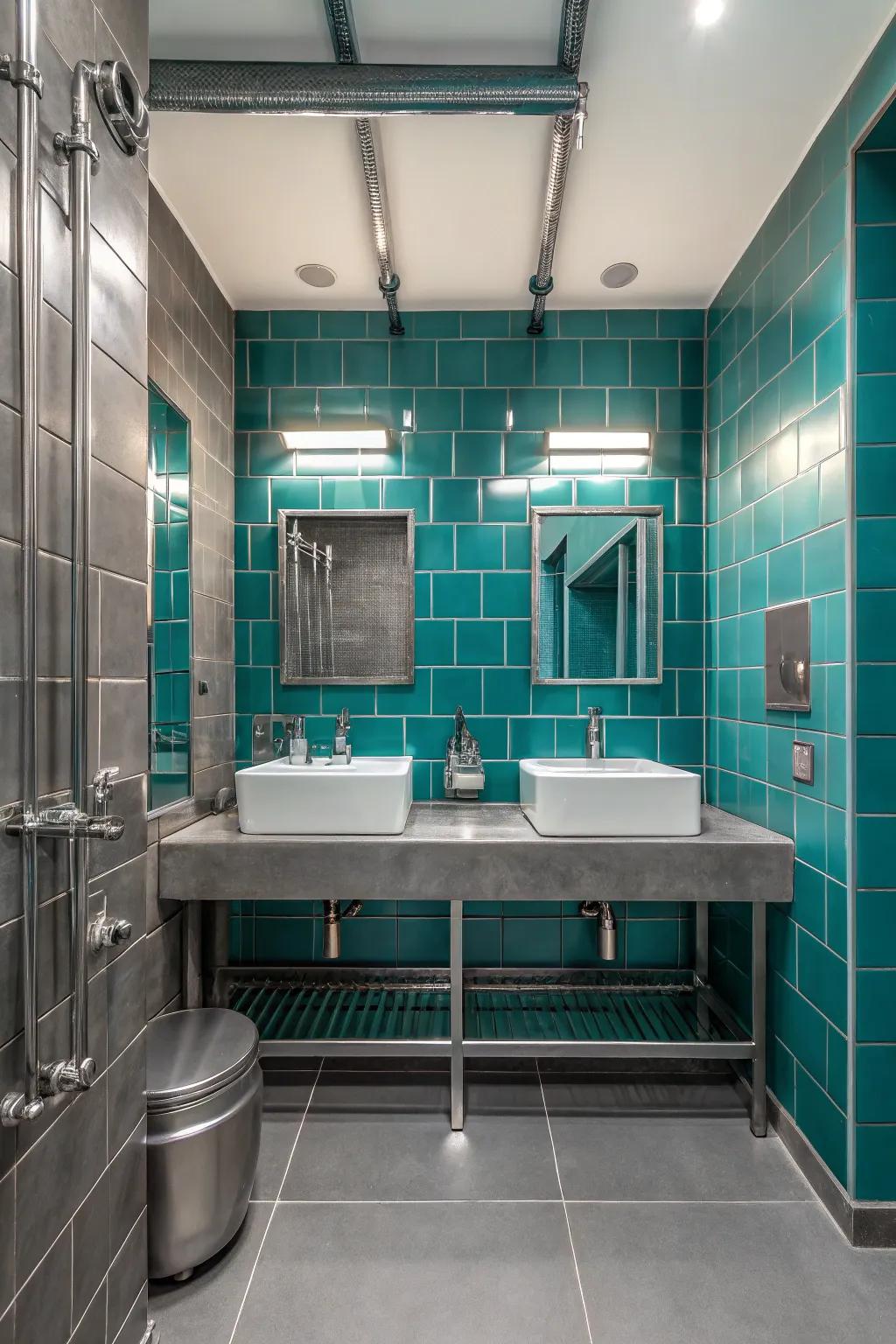 Metallic accents and aqua bricks for a modern industrial look.