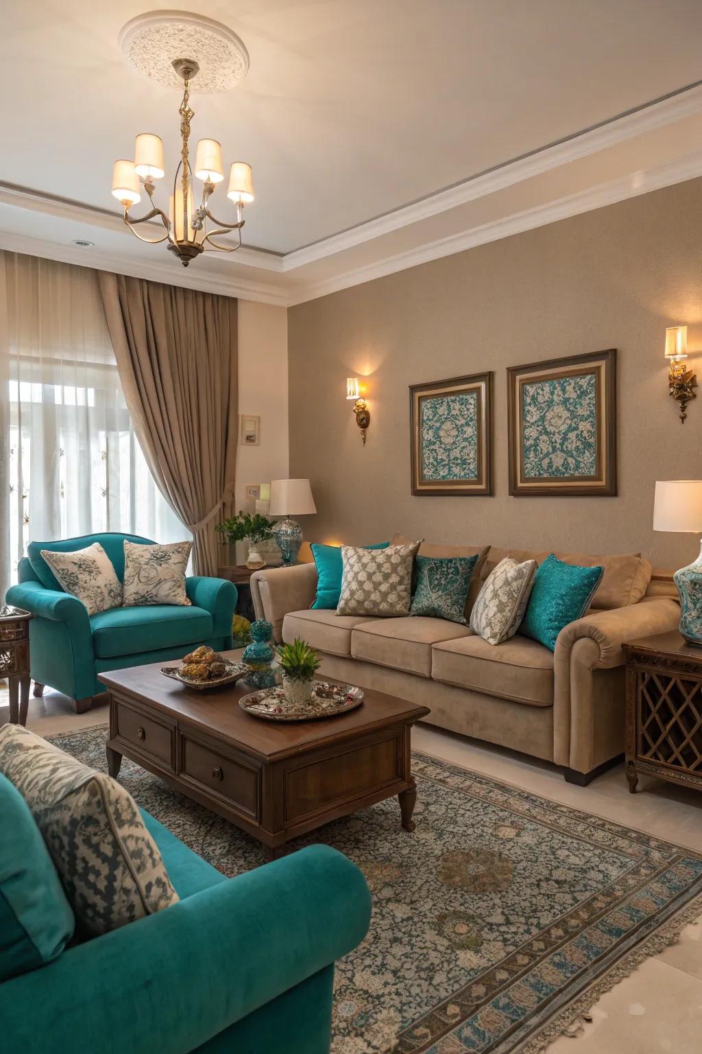 Teal paired with warm taupe designs a subtle and elegant atmosphere.