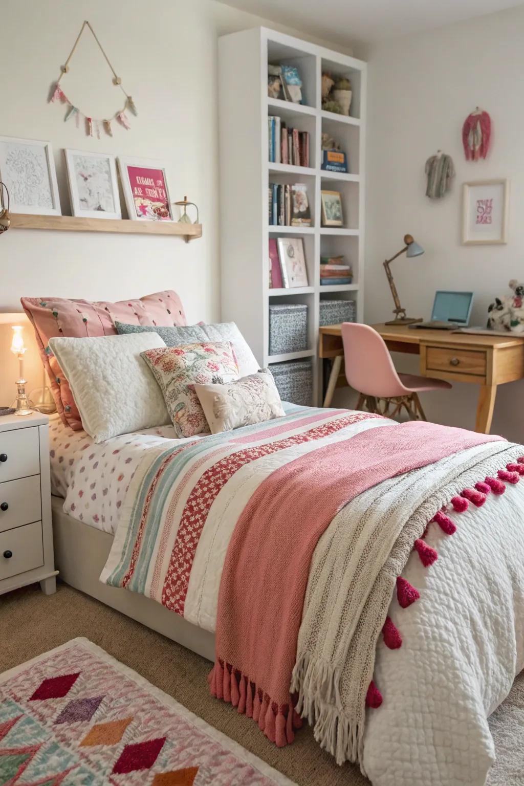 Layered textiles add comfort and introduce textures in a teenage girl's room.