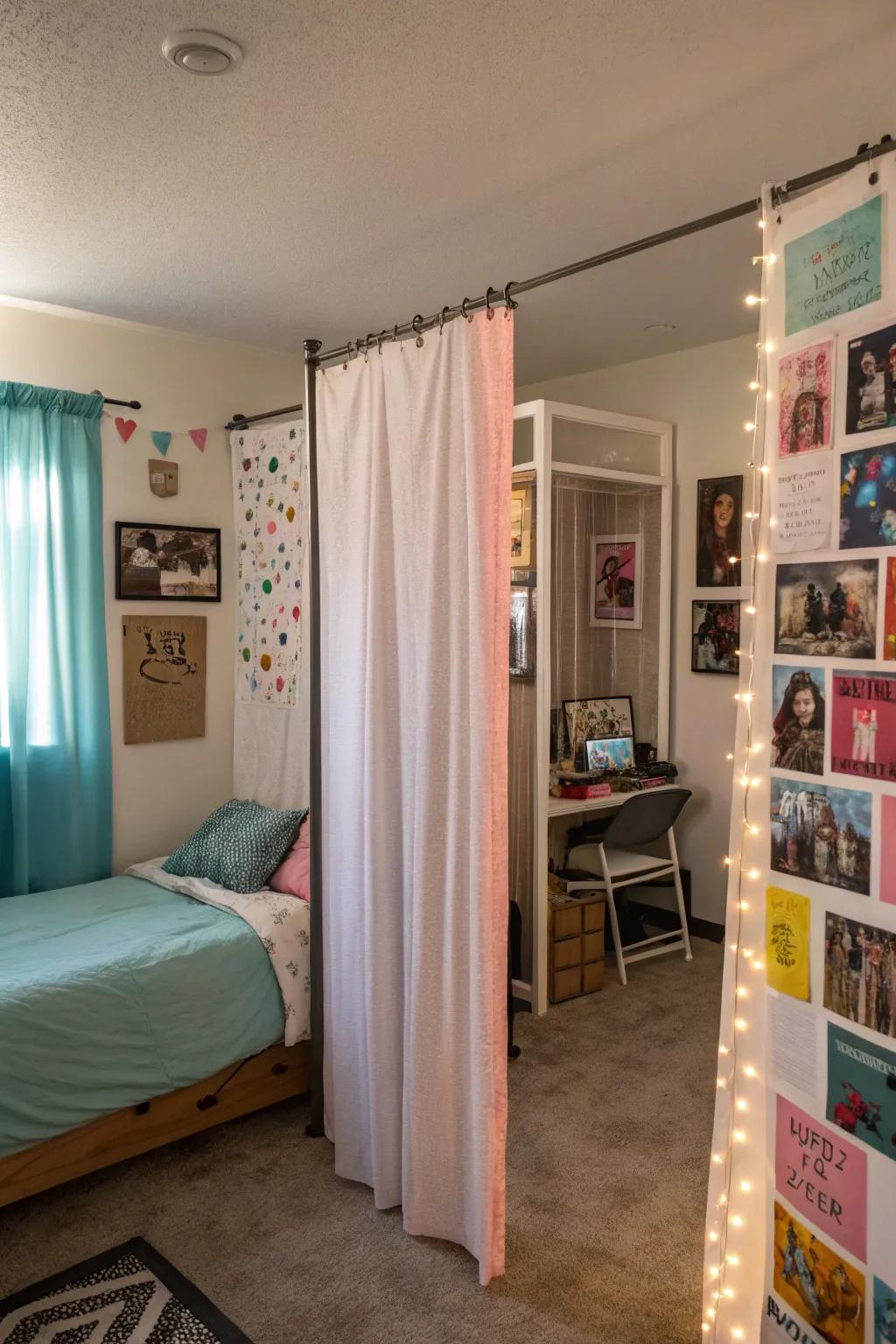 Curtains and dividers create a private area within the room.