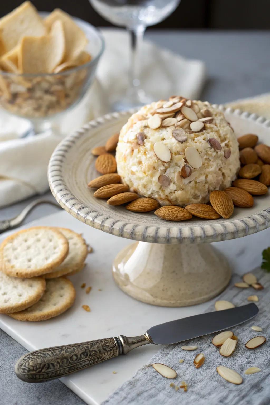 Refined cheese and almond cheese ball delivering a hint of luxury.