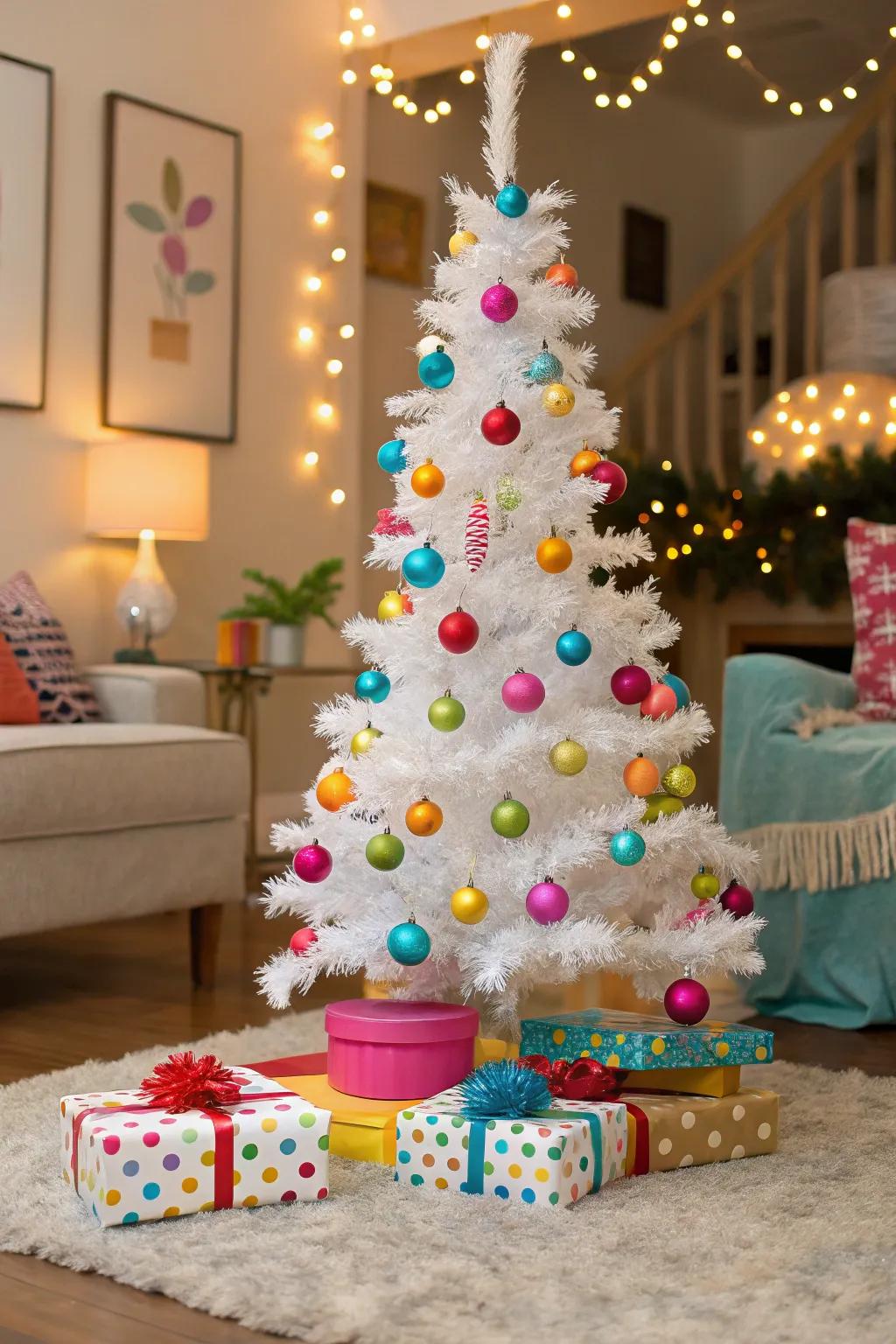 A whimsical home decor scene showcasing a playful Christmas tree with dot shimmer.