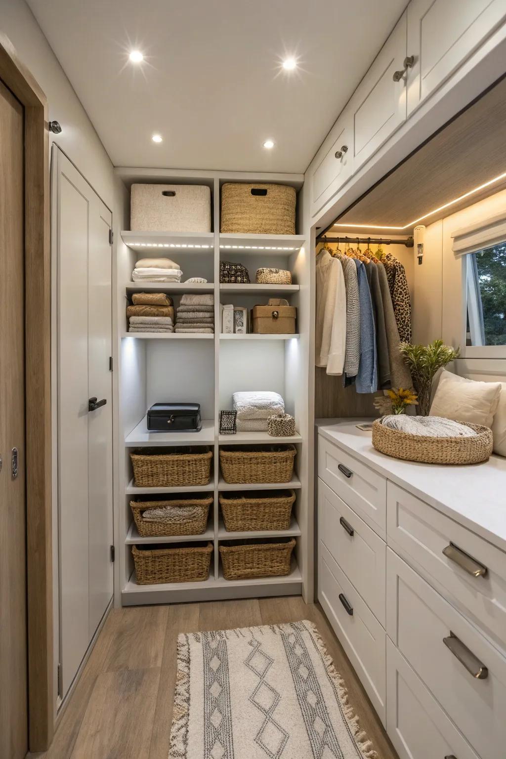 Integrated storage fosters a tidy and organized room.