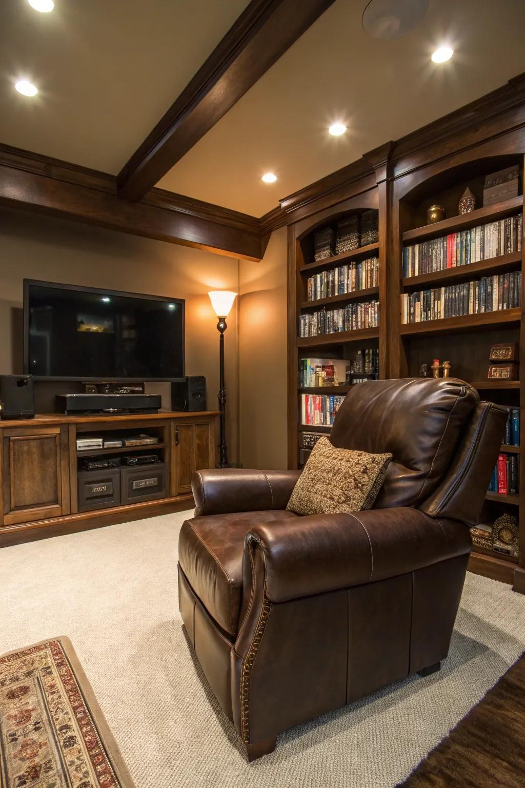 A leather chair adds luxury and comfort to a small man cave.