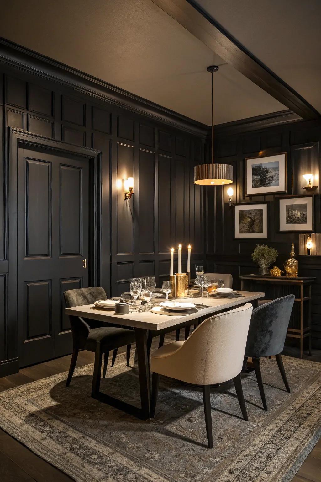 Dark shiplap walls add drama to this dining space.