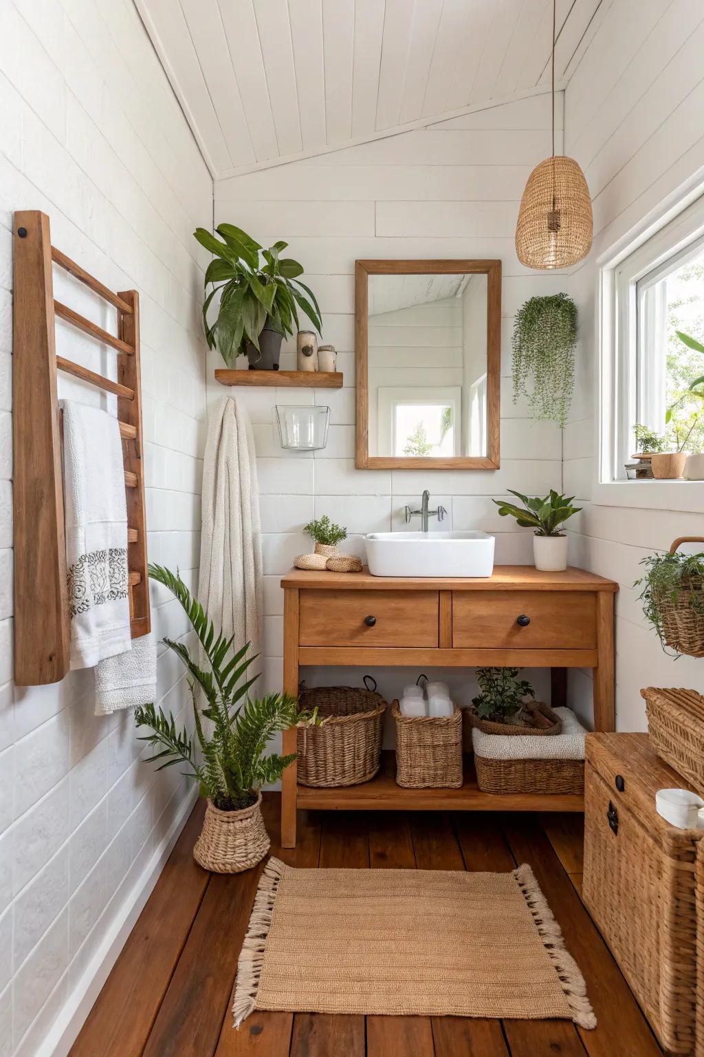 A white bathroom enhanced by the warmth of natural material features and organic decor.