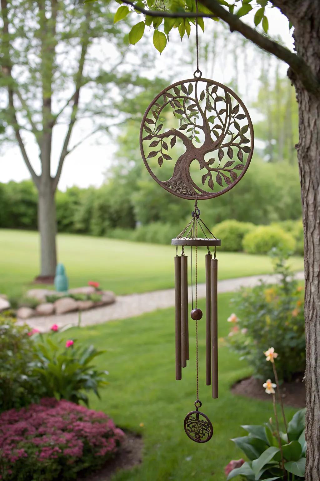 An Arbor Vitae wind bell brings tranquility to a peaceful garden.