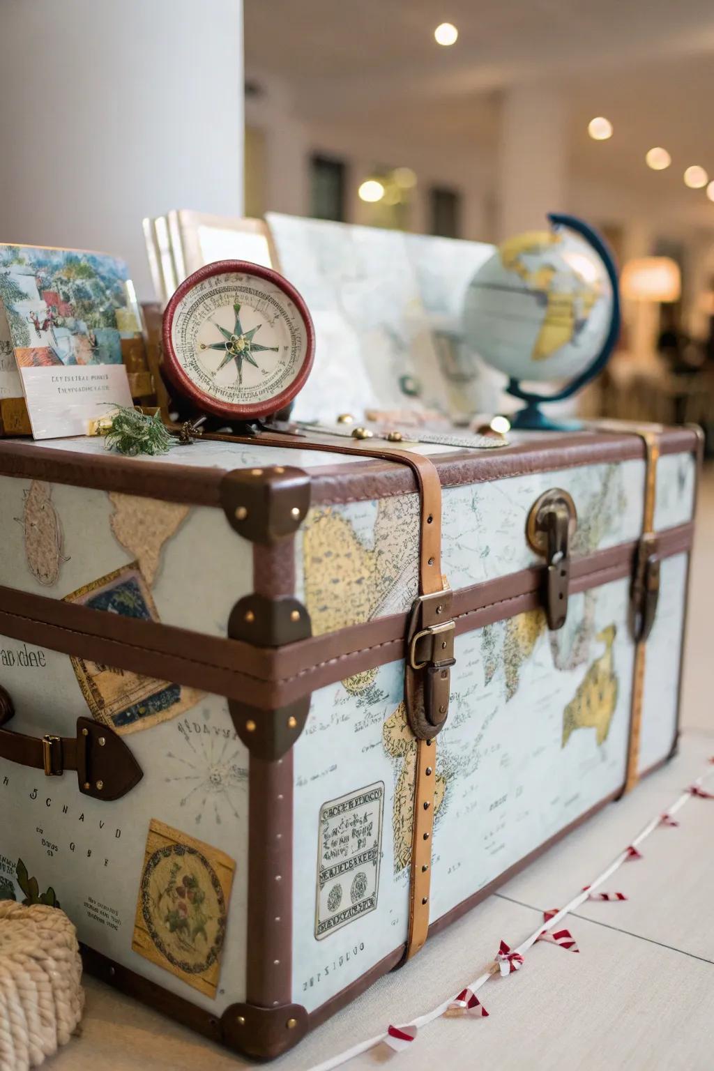 A trunk morphs into a themed art piece, commemorating travel ventures.