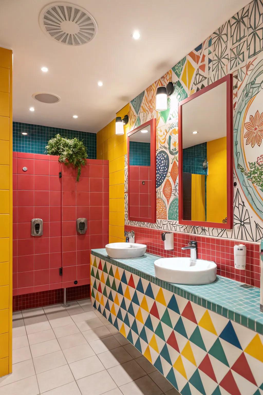 Striking shade accents establish a lively and vibrant bathroom atmosphere.