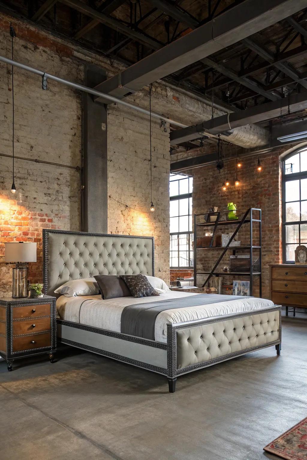An industrial bedroom includes a unique tufted headboard.