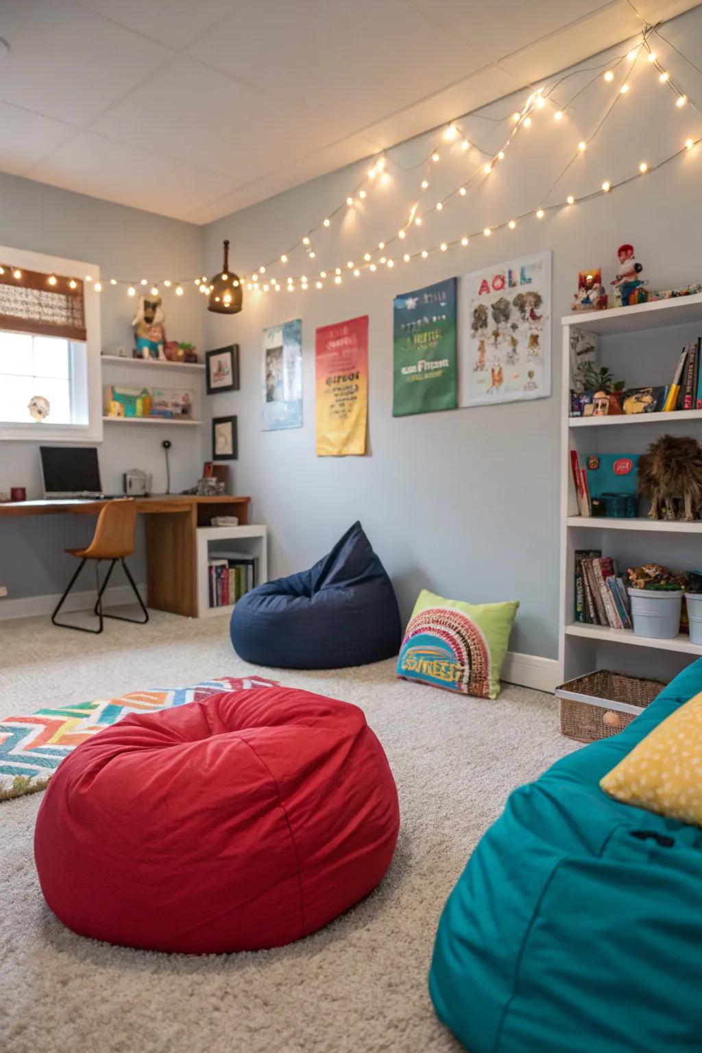 A relaxation area featuring bean bags for unwinding.