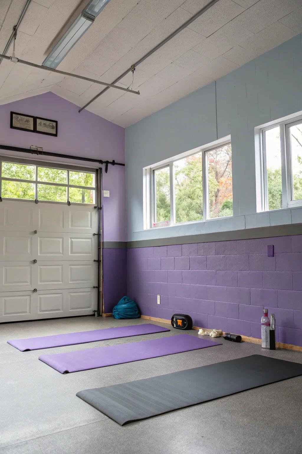 Lavender and grey for a soothing, distinct garage setting.