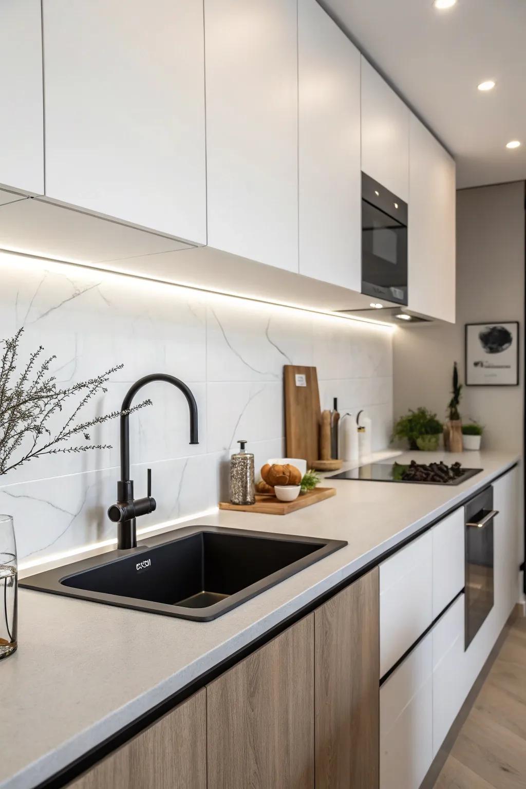 A minimalist kitchen showcasing a sleek modern undermount sink.