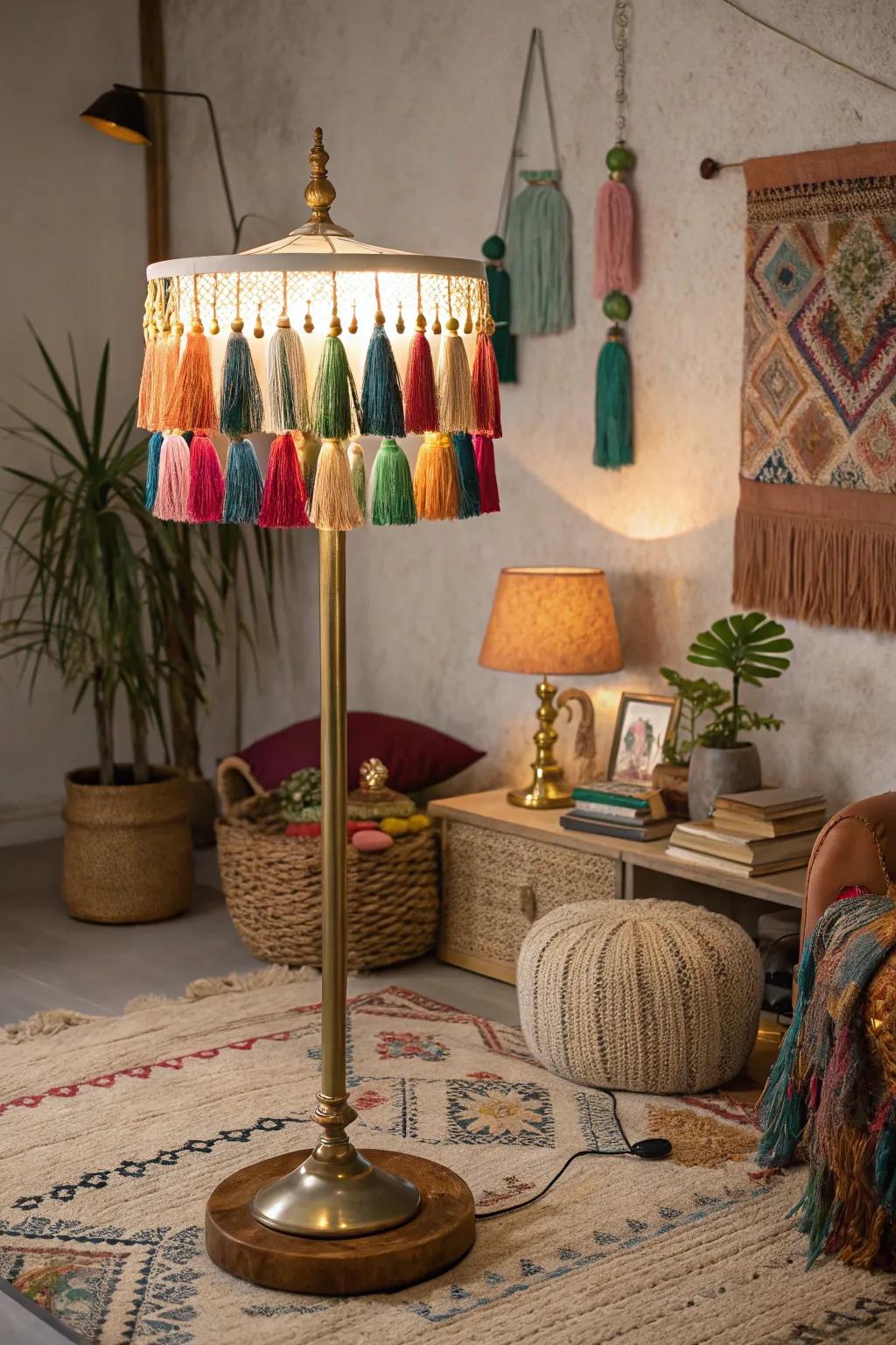 Bohemian vibes with a fringe lamp.
