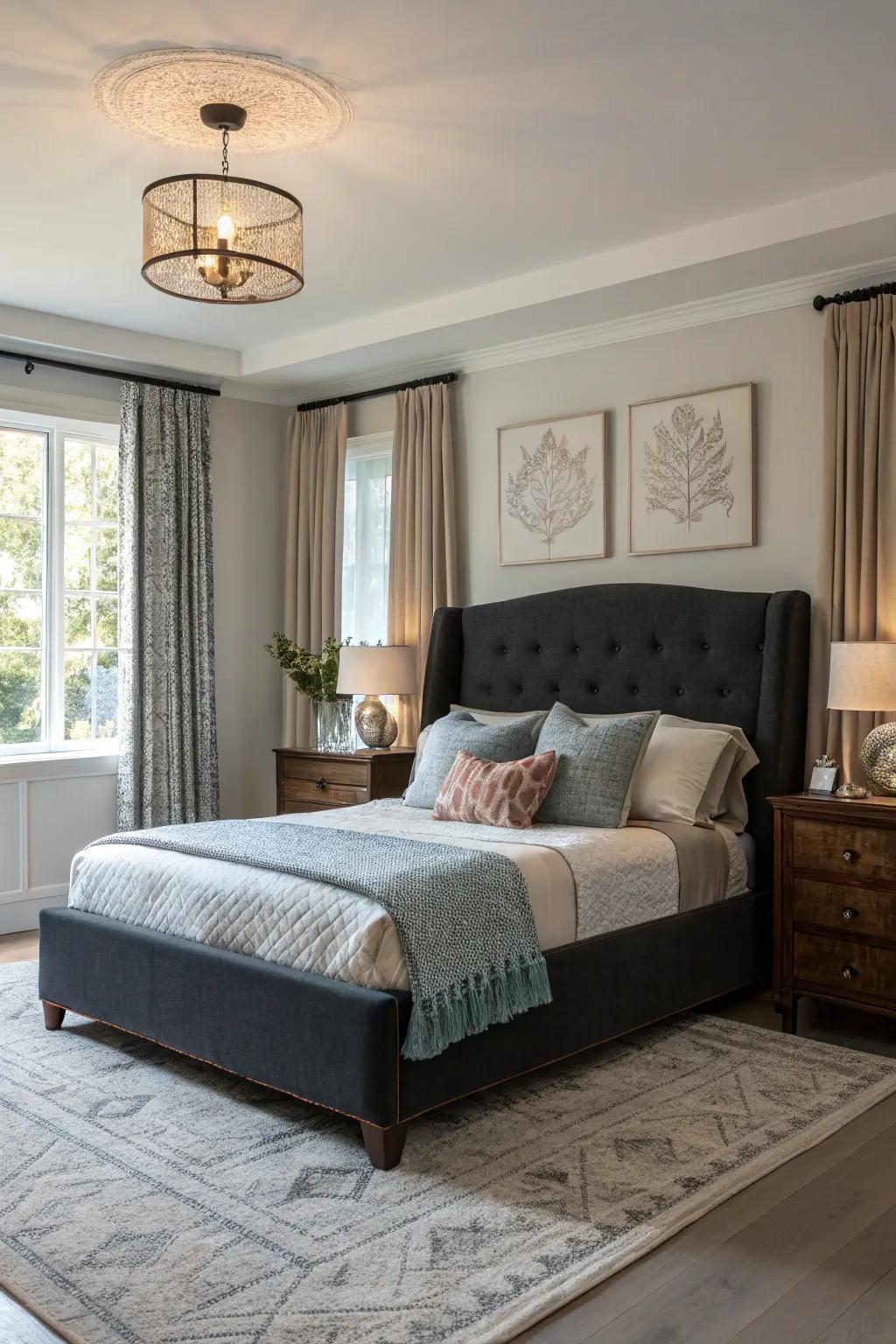 Dark cushioning adds depth and sophistication to a neutral room.