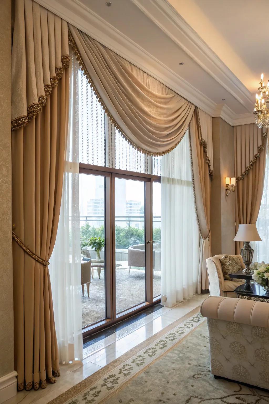An elegant living room featuring a window with a layered fabric valance.