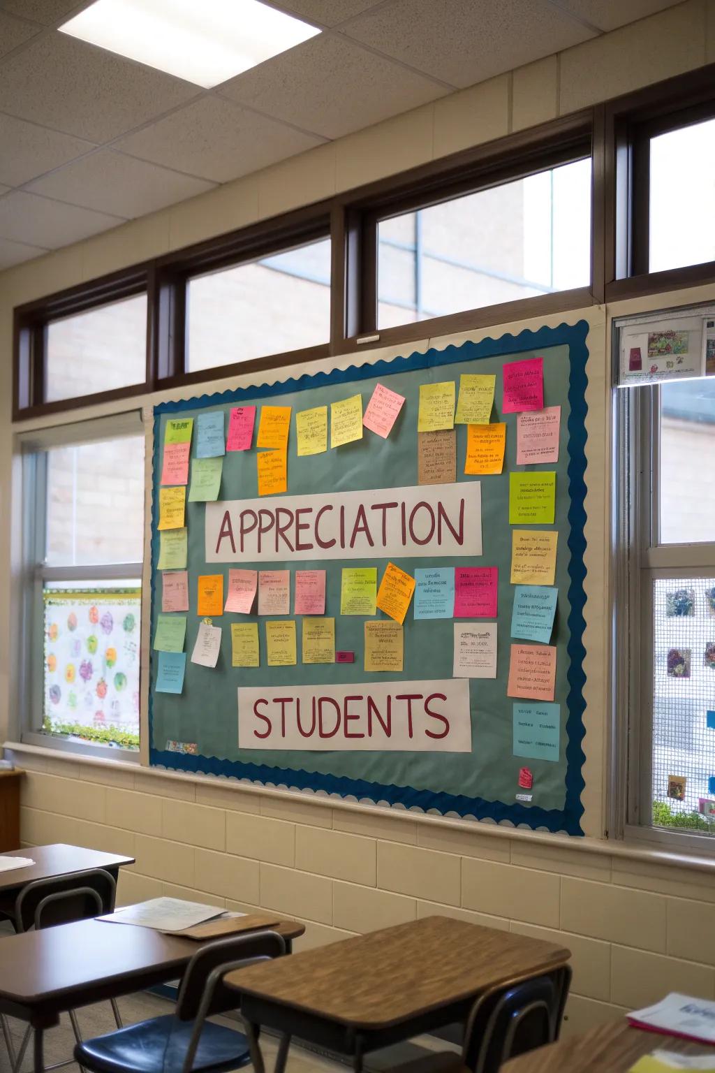 A Love Letters bulletin board showcasing heartfelt memos of appreciation.